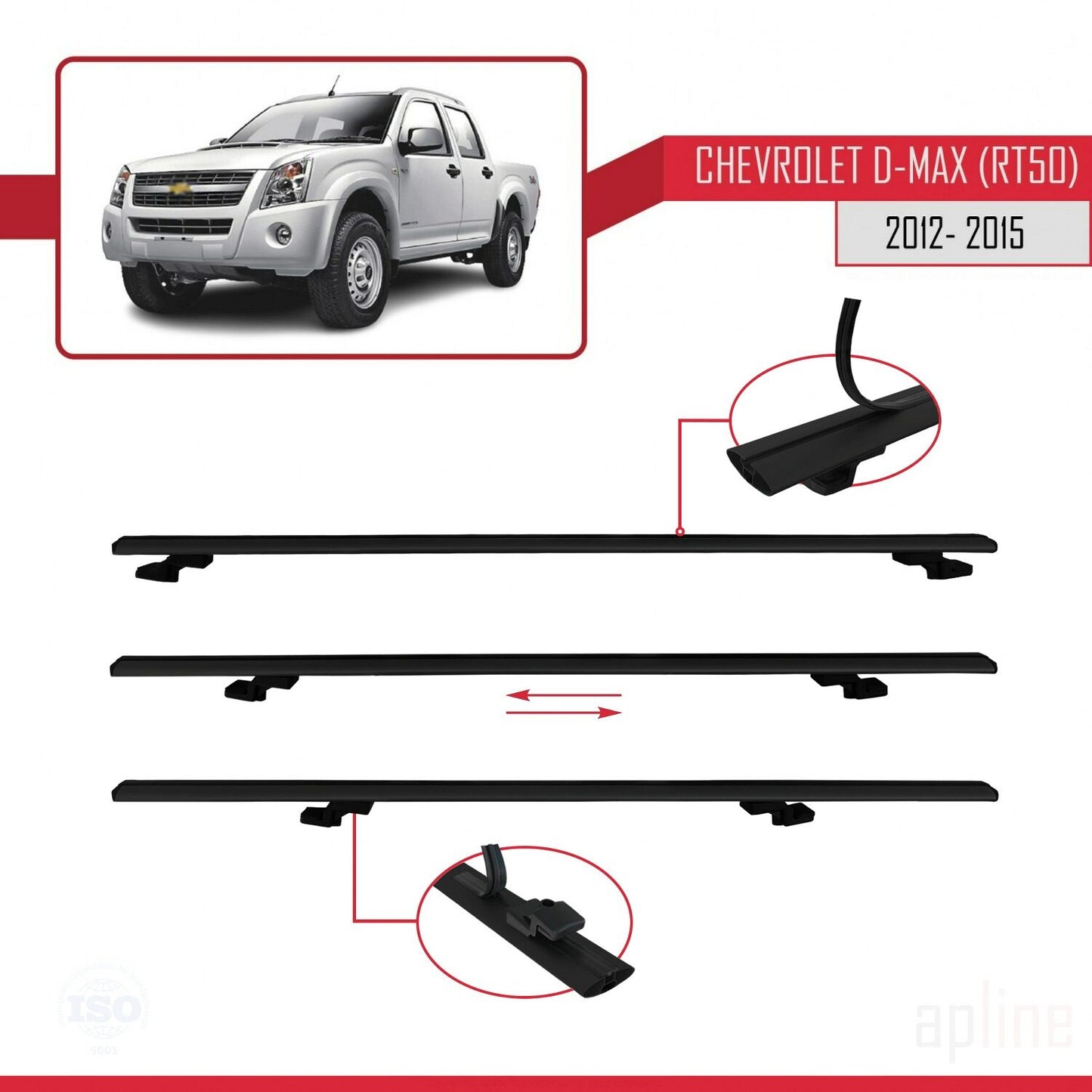 Compatible avec Chevrolet D-Max (RT50) 2012-2015 BASIC Model Barres de Toit Railing Porte-Bagages de Voiture Noir Aluminium 3 Barres