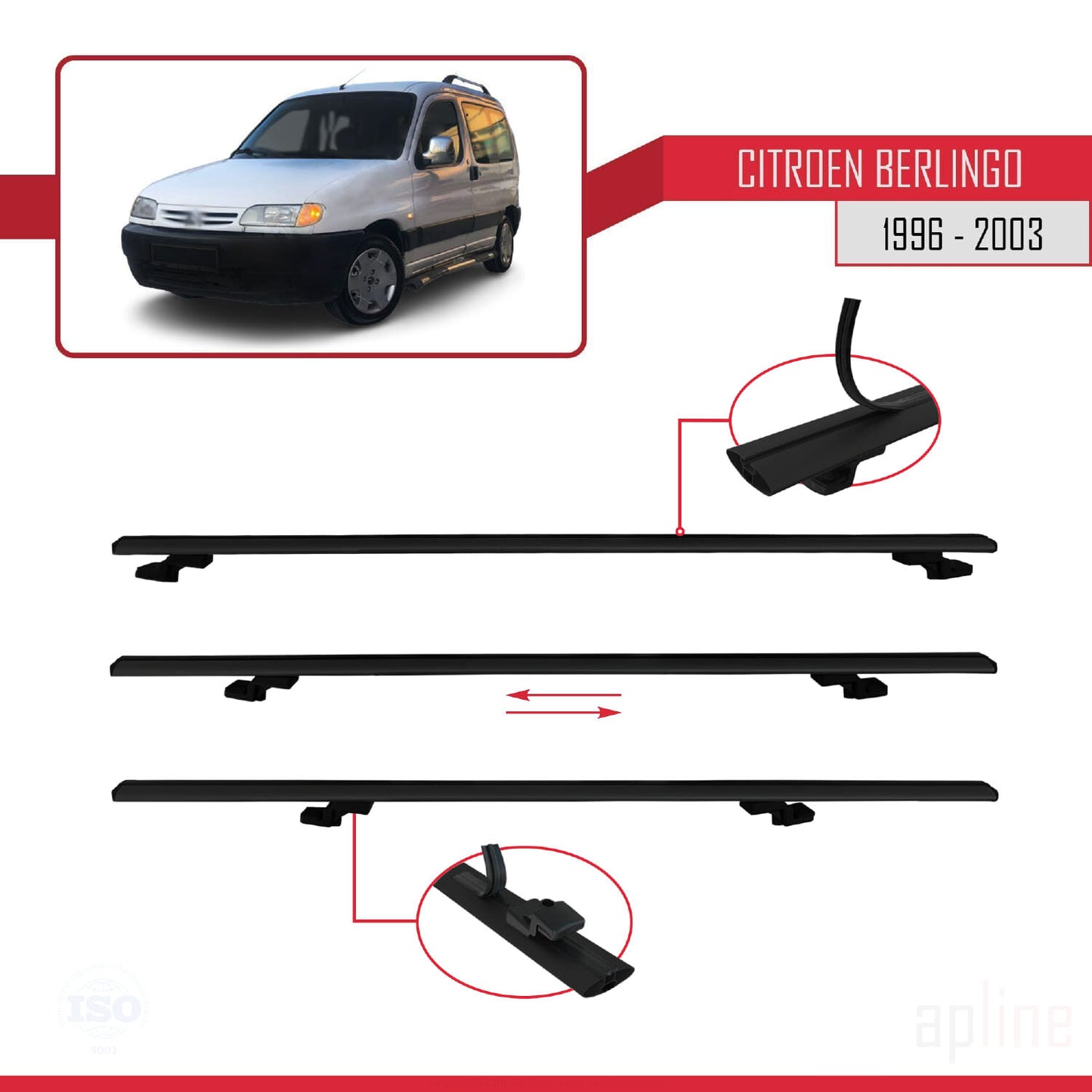 Compatible with Citroen Berlingo (M49) 1996-2003 BASIC Model Car Roof Rack Cross Bar Black Aluminium 4 Bars