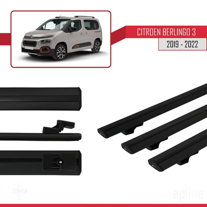 Compatible avec Citroen Berlingo 3 (K9) 2019-2022 BASIC Model Barres de Toit Railing Porte-Bagages de Voiture Noir Aluminium 3 Barres