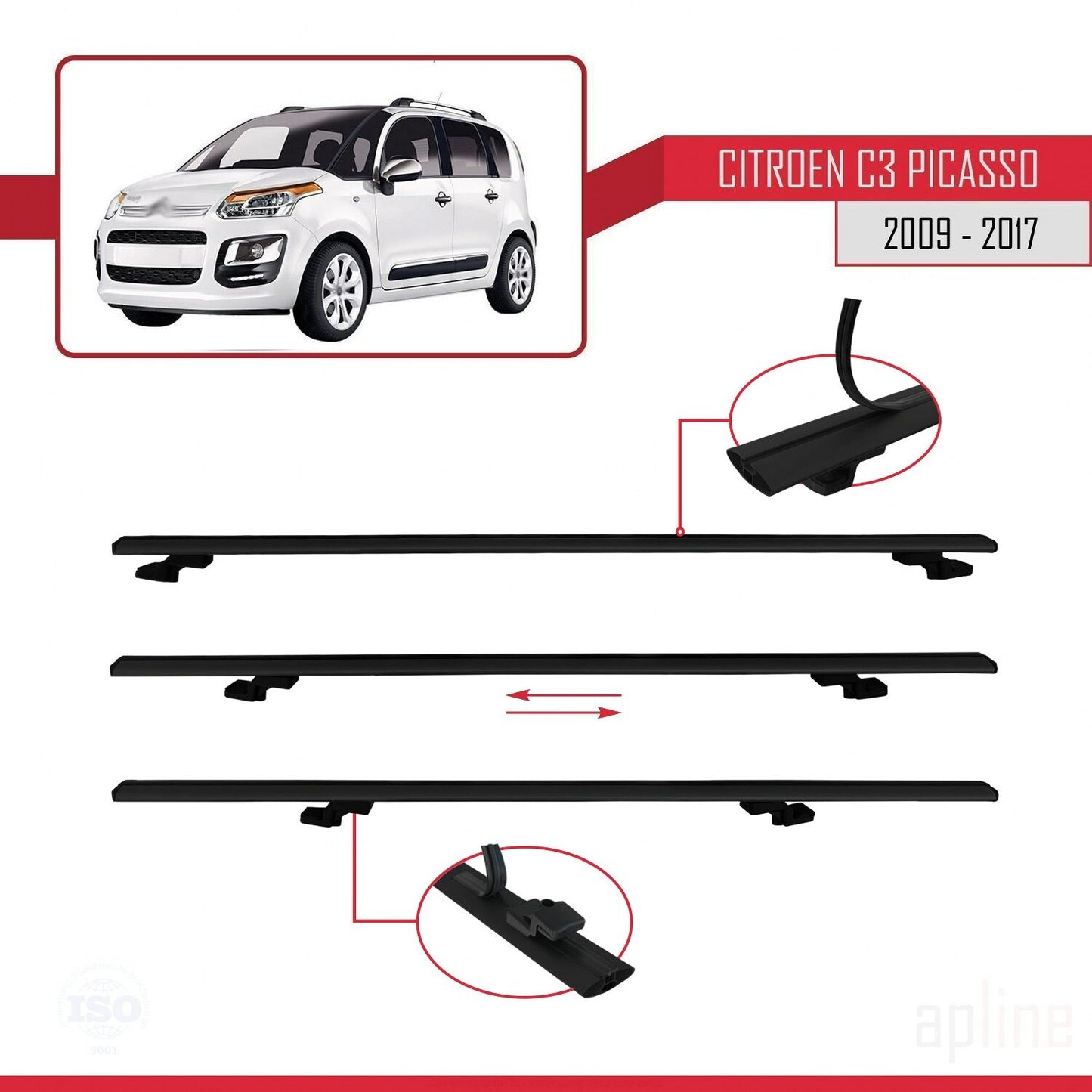 Compatible avec Citroen C3 Picasso 2009-2017 BASIC Model Barres de Toit Railing Porte-Bagages de Voiture Noir Aluminium 3 Barres
