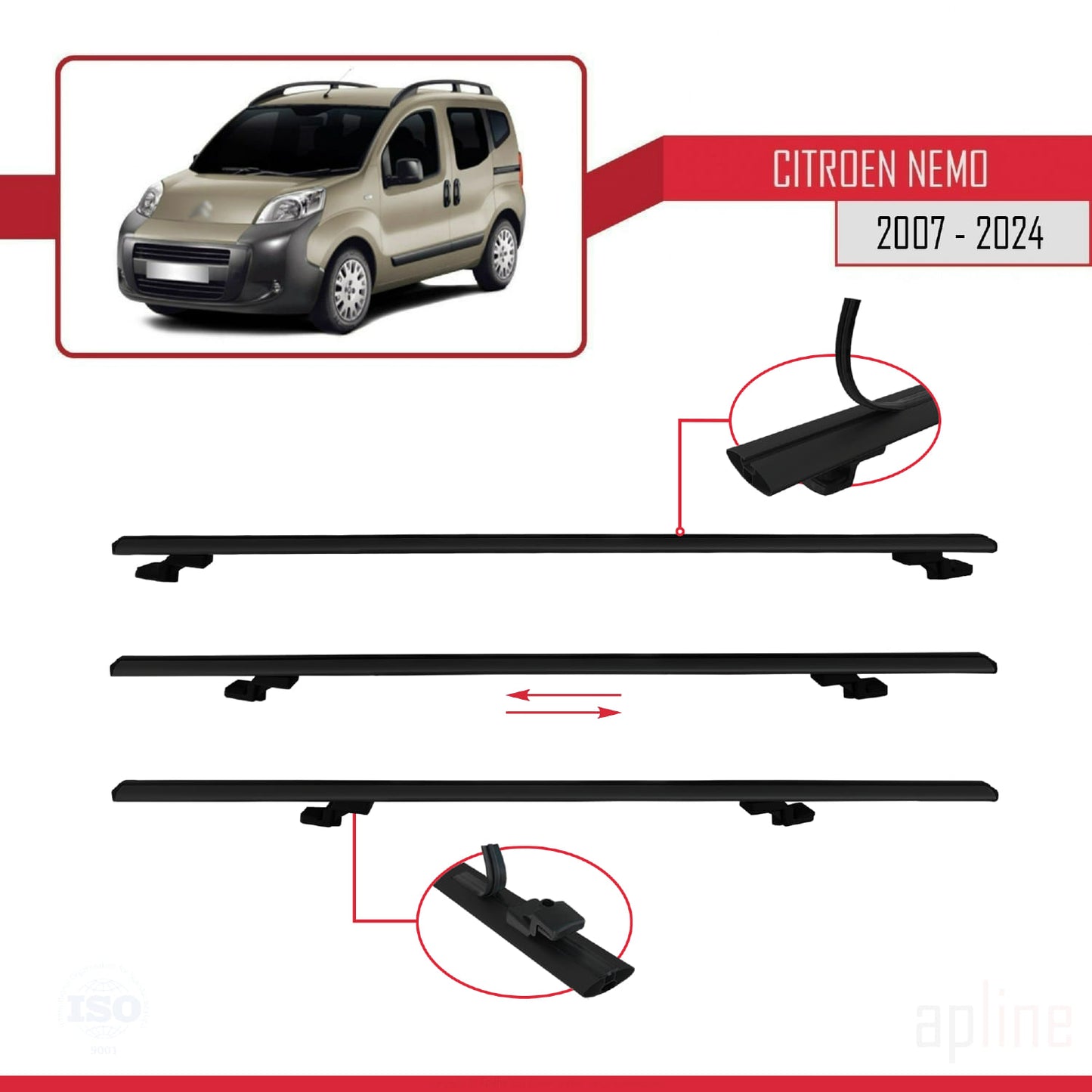 Compatible avec Citroen Nemo 3 (225) 2007-2024 BASIC Model Barres de Toit Railing Porte-Bagages de Voiture Noir Aluminium 2 Barres