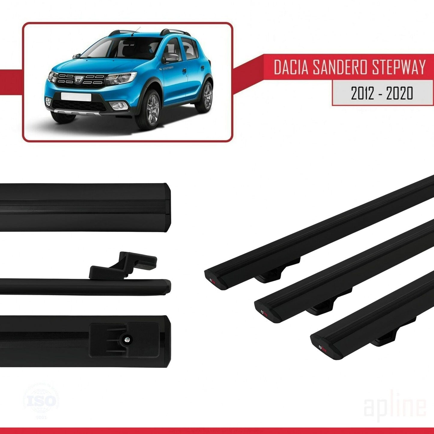 Compatible avec Dacia Sandero Stepway 2 2012-2020 BASIC Model Barres de Toit Railing Porte-Bagages de Voiture Noir Aluminium 3 Barres
