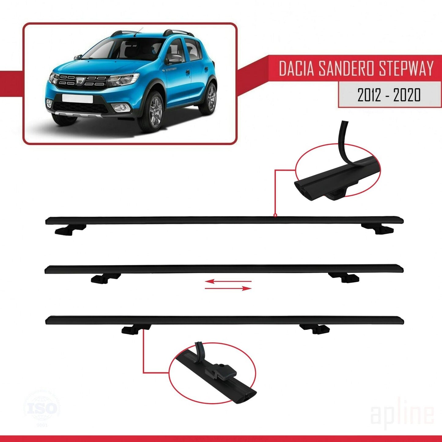 Compatible avec Dacia Sandero Stepway 2 2012-2020 BASIC Model Barres de Toit Railing Porte-Bagages de Voiture Noir Aluminium 3 Barres