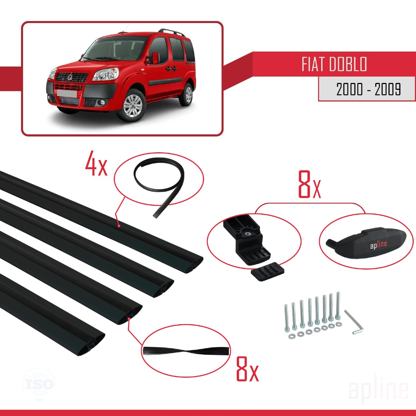 Compatible avec Fiat Doblo 2000-2009 BASIC Model Barres de Toit Railing Porte-Bagages de Voiture Noir Aluminium 4 Barres