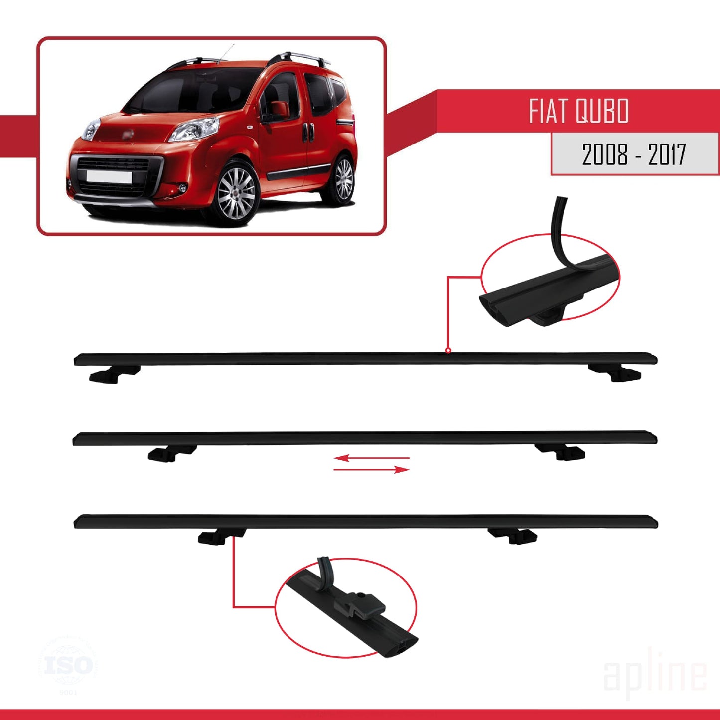 Compatible avec Fiat Qubo 2008-2017 BASIC Model Barres de Toit Railing Porte-Bagages de Voiture Noir Aluminium 2 Barres