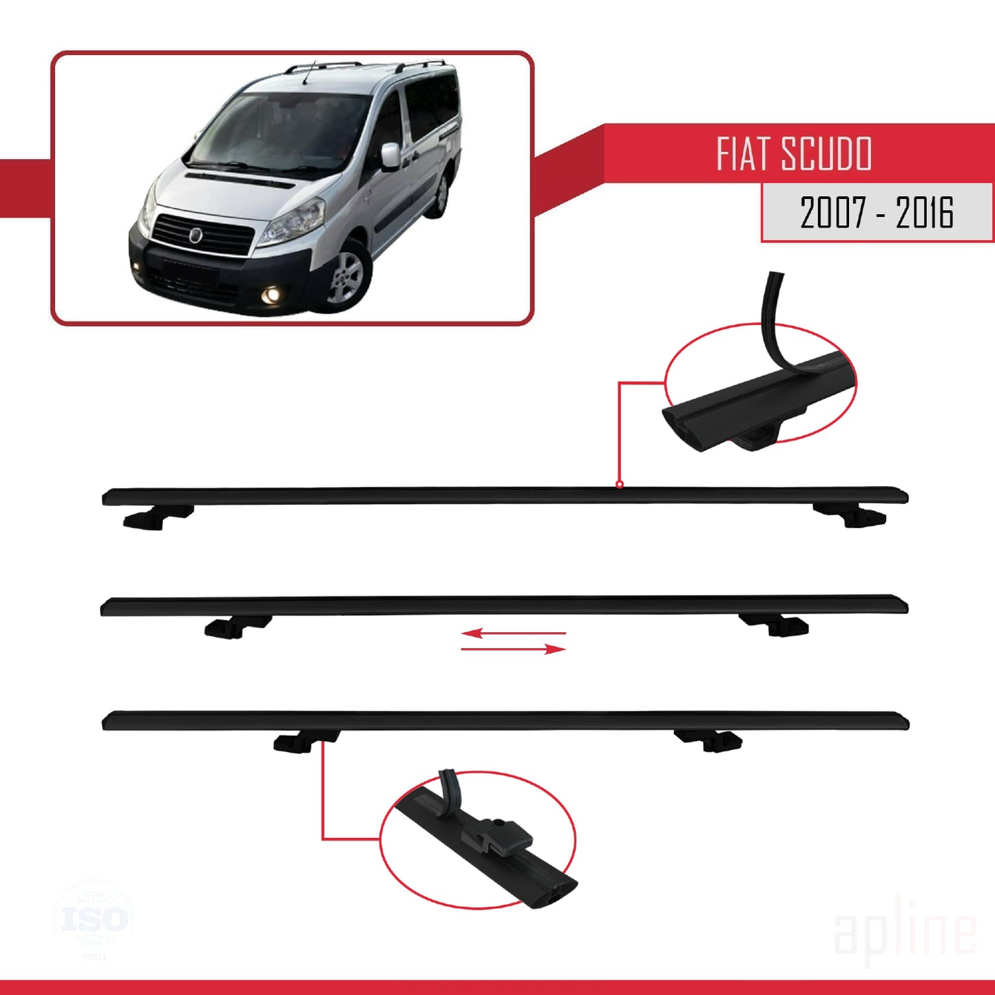Compatible avec Fiat Scudo 2 2007-2016 BASIC Model Barres de Toit Railing Porte-Bagages de Voiture Noir Aluminium 2 Barres