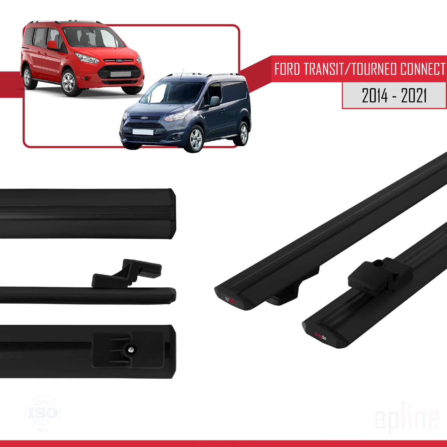 Compatible with Ford Transit/Tourneo Connect 2 2014-2021 BASIC Model Car Roof Rack Cross Bar Black Aluminium 2 Bars