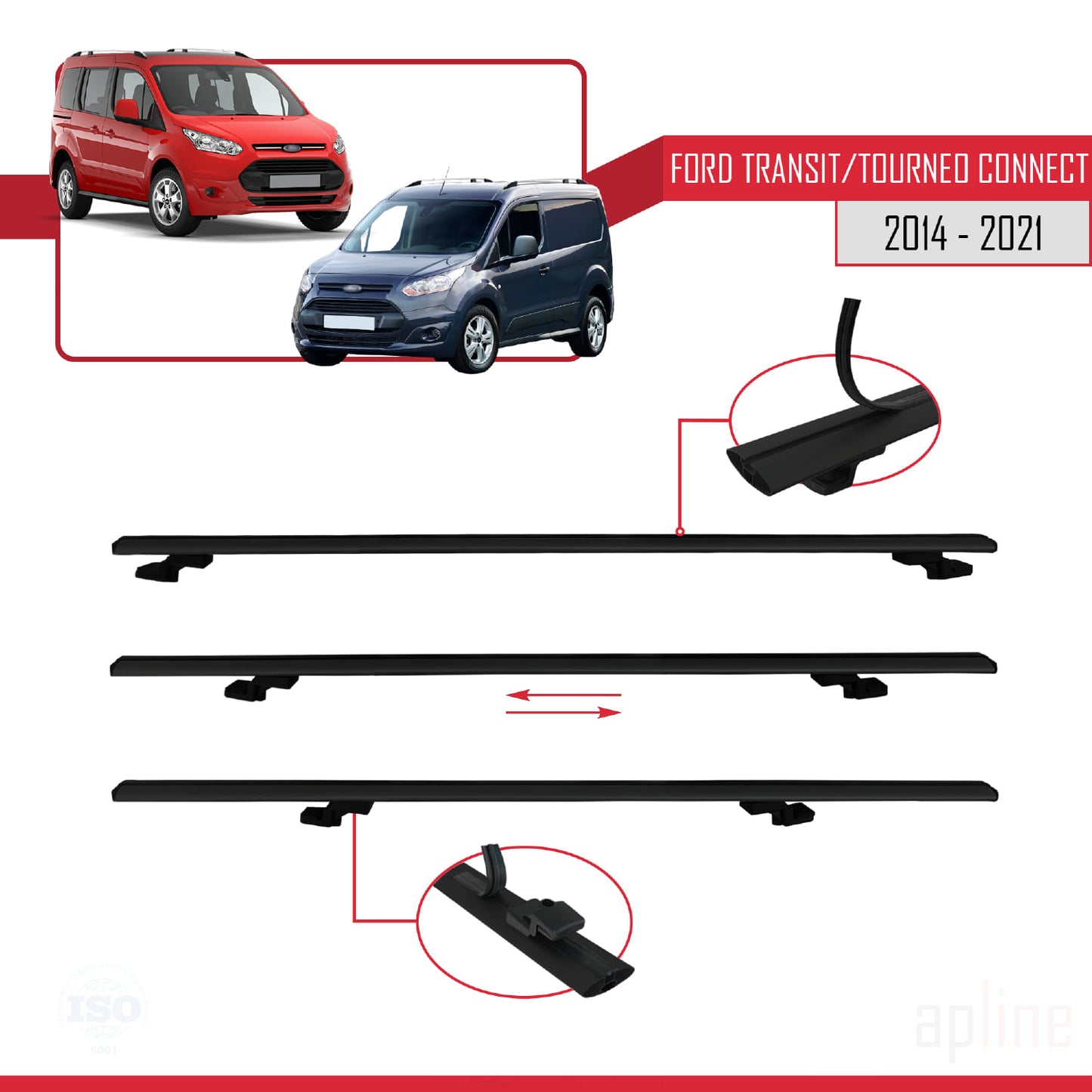 Compatible with Ford Transit/Tourneo Connect 2 2014-2021 BASIC Model Car Roof Rack Cross Bar Black Aluminium 2 Bars