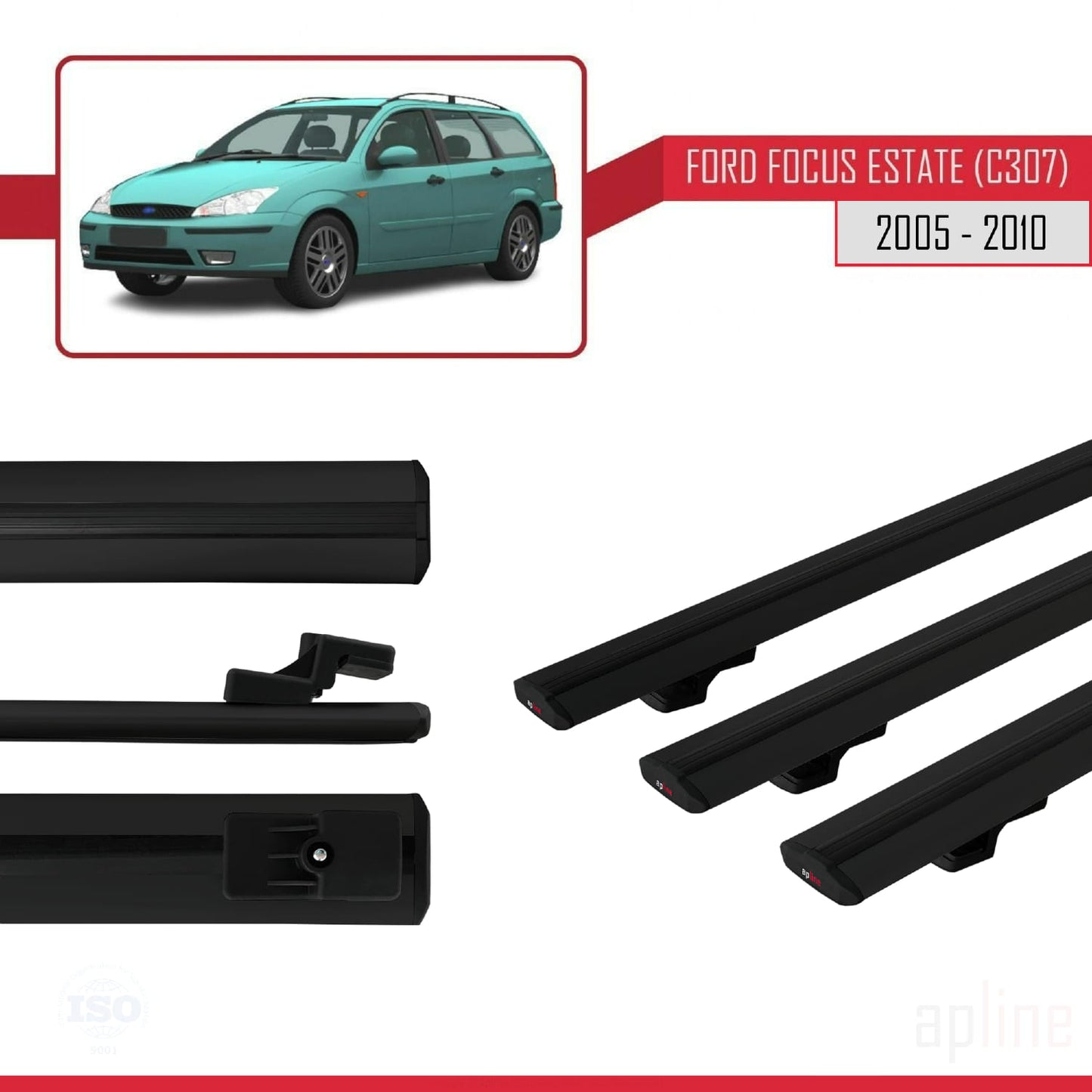 Compatible avec Ford Focus 2 (C307) Break 2005-2010 BASIC Model Barres de Toit Railing Porte-Bagages de Voiture Noir Aluminium 3 Barres