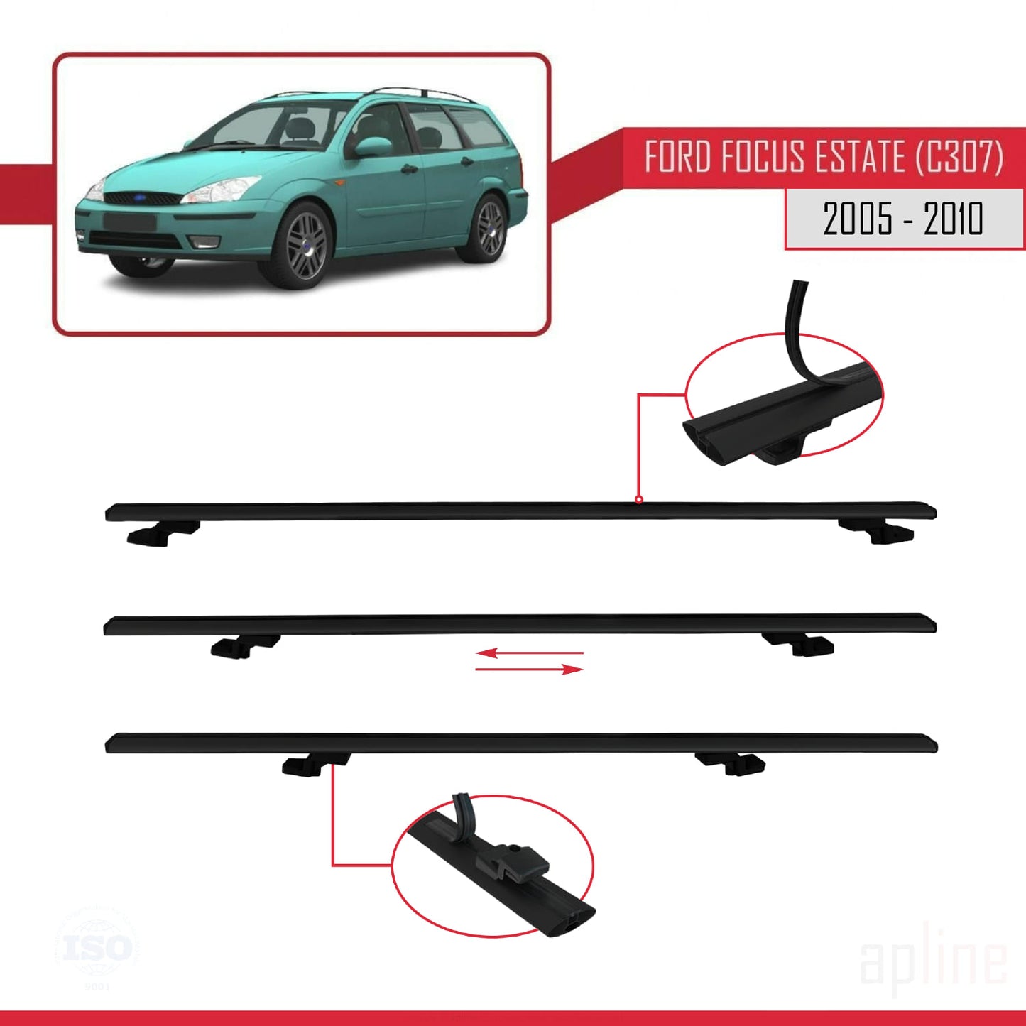 Compatible avec Ford Focus 2 (C307) Break 2005-2010 BASIC Model Barres de Toit Railing Porte-Bagages de Voiture Noir Aluminium 3 Barres