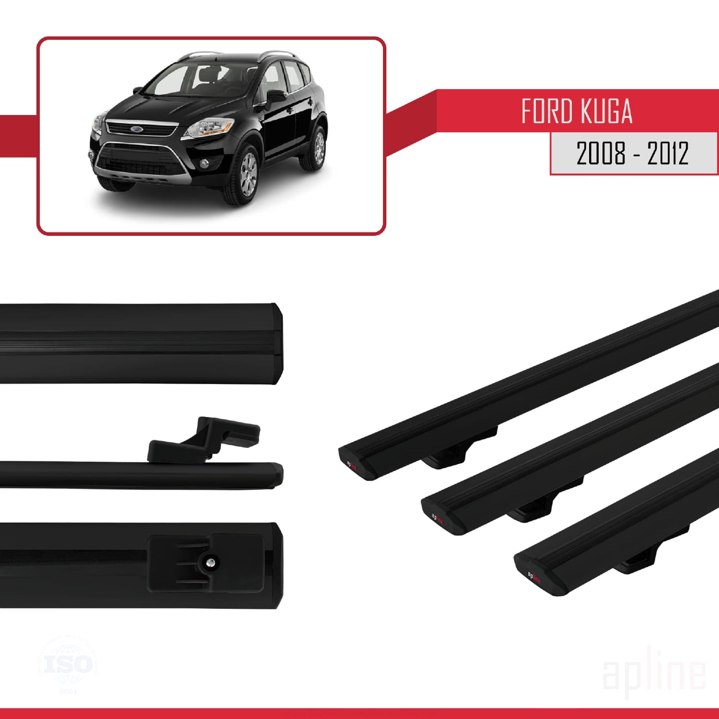 Compatible avec Ford Kuga (C394) 2008-2012 BASIC Model Barres de Toit Railing Porte-Bagages de Voiture Noir Aluminium 3 Barres