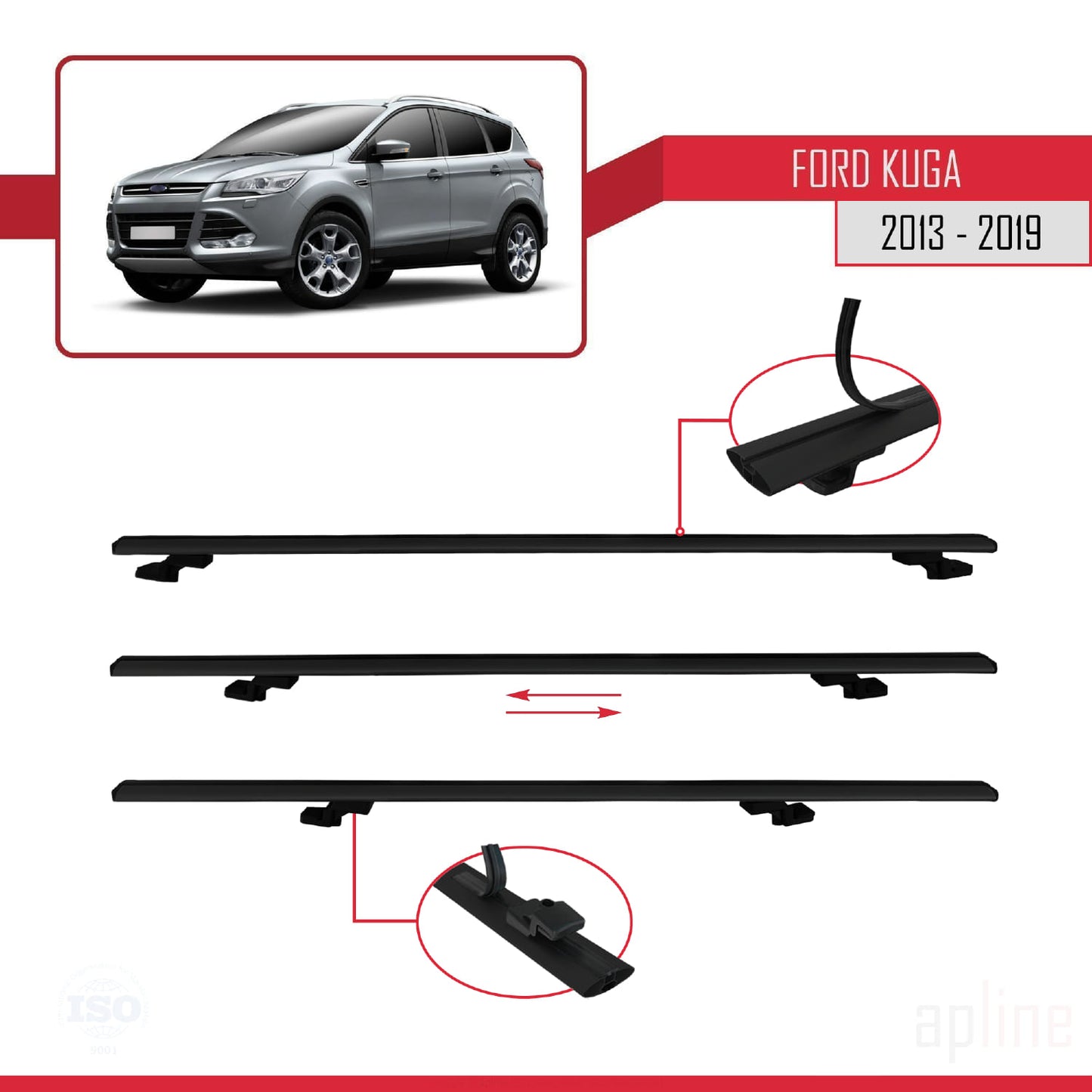 Compatible avec Ford Kuga 2 (C520) 2013-2019 BASIC Model Barres de Toit Railing Porte-Bagages de Voiture Noir Aluminium 2 Barres