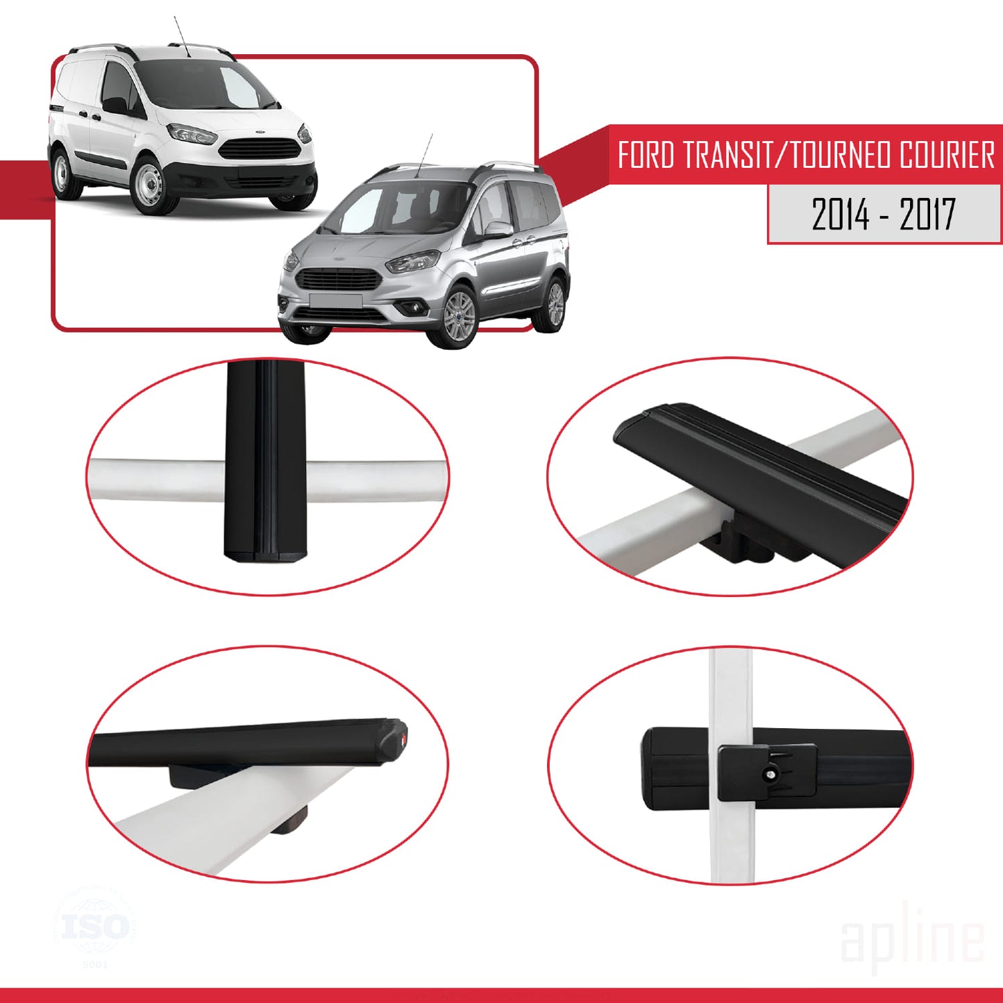 Compatible avec Ford Transit/Tourneo Courier Pre-Facelift 2014-2017 BASIC Model Barres de Toit Railing Porte-Bagages de Voiture Noir Aluminium 4 Barres