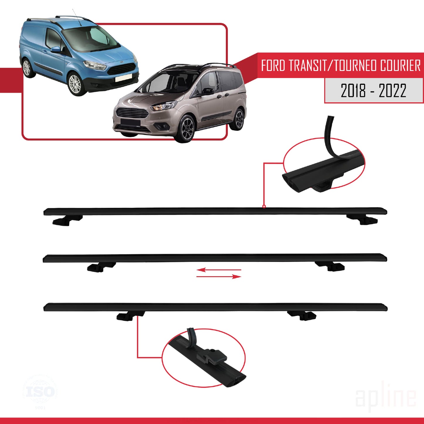Compatible avec Ford Transit/Tourneo Courier Post-Facelift 2018-2022 BASIC Model Barres de Toit Railing Porte-Bagages de Voiture Noir Aluminium 3 Barres
