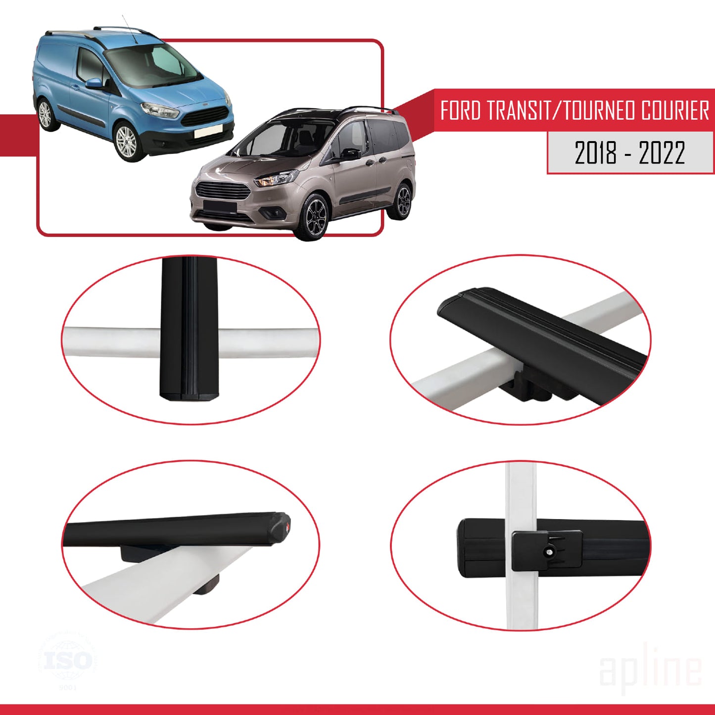 Compatible avec Ford Transit/Tourneo Courier Post-Facelift 2018-2022 BASIC Model Barres de Toit Railing Porte-Bagages de Voiture Noir Aluminium 4 Barres