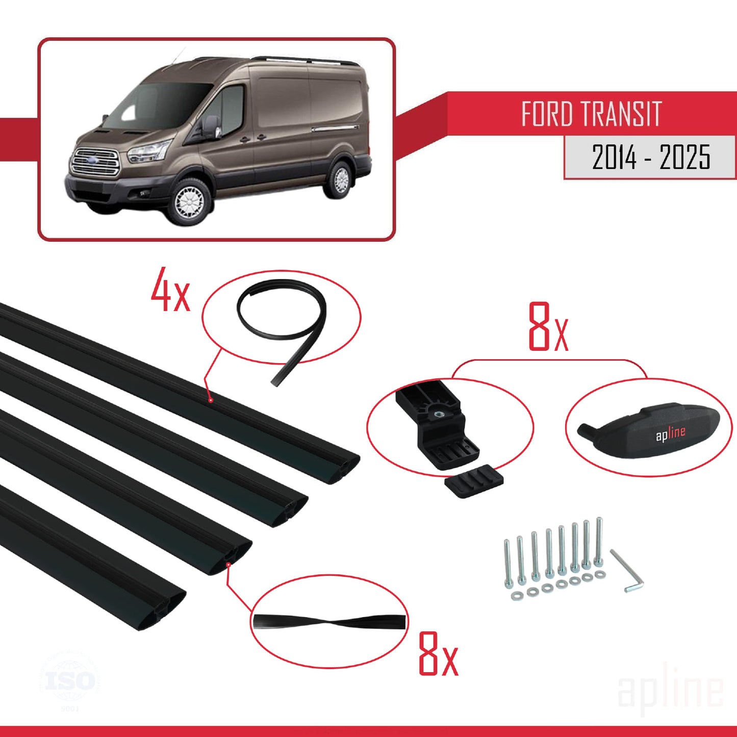 Compatible avec Ford Transit 2014-2025 BASIC Model Barres de Toit Railing Porte-Bagages de Voiture Noir Aluminium 4 Barres