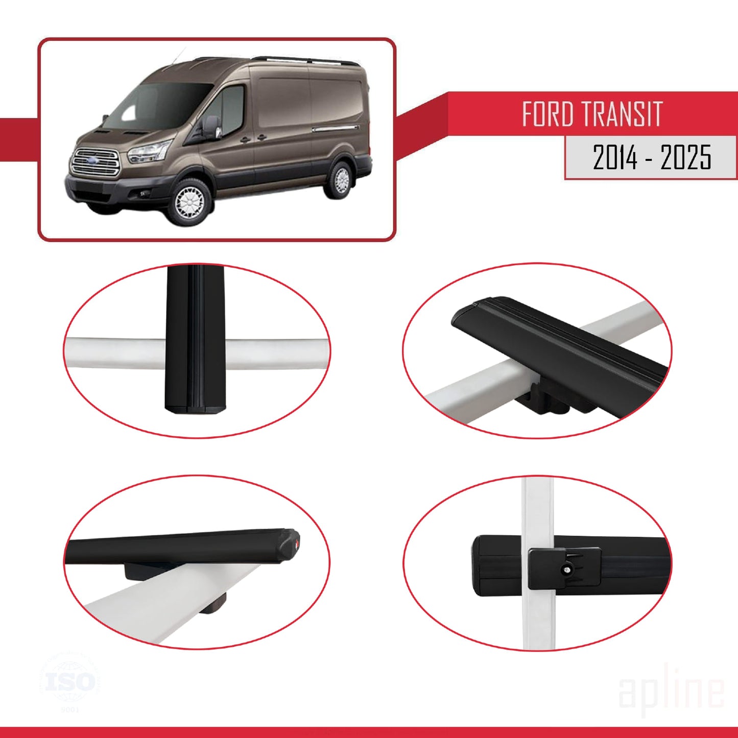 Compatible avec Ford Transit 2014-2025 BASIC Model Barres de Toit Railing Porte-Bagages de Voiture Noir Aluminium 2 Barres