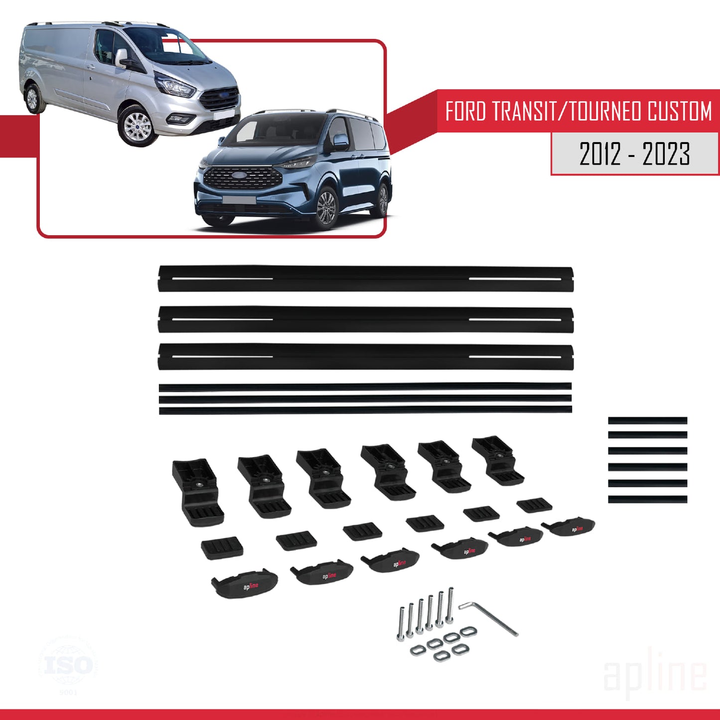 Compatible avec Ford Transit/Tourneo Custom 2012-2023 BASIC Model Barres de Toit Railing Porte-Bagages de Voiture Noir Aluminium 3 Barres