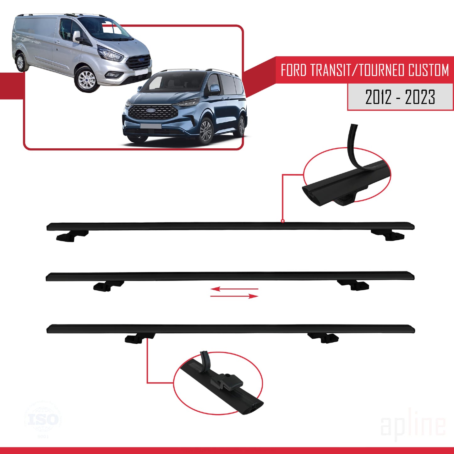 Compatible avec Ford Transit/Tourneo Custom 2012-2023 BASIC Model Barres de Toit Railing Porte-Bagages de Voiture Noir Aluminium 2 Barres