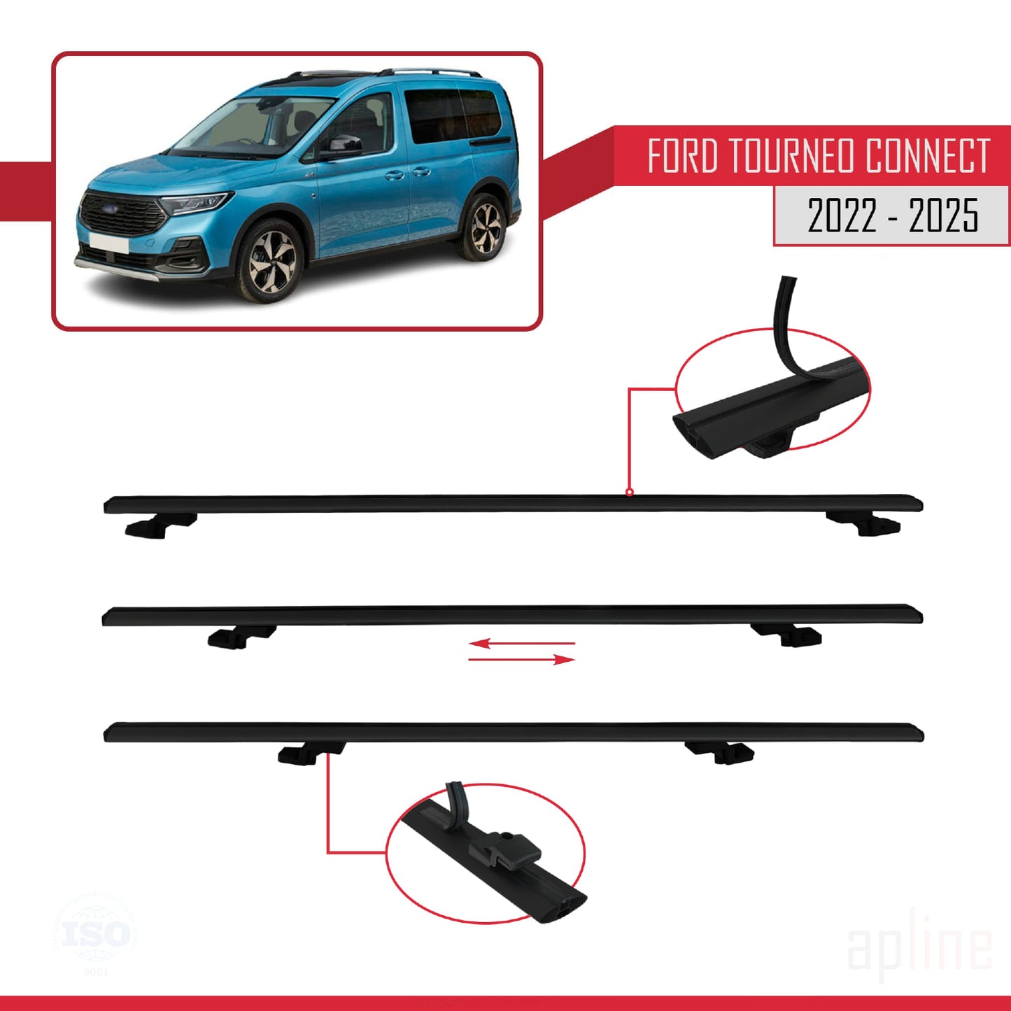 Compatible with Ford Transit/Tourneo Connect 3 2022-2025 BASIC Model Car Roof Rack Cross Bar Black Aluminium 2 Bars