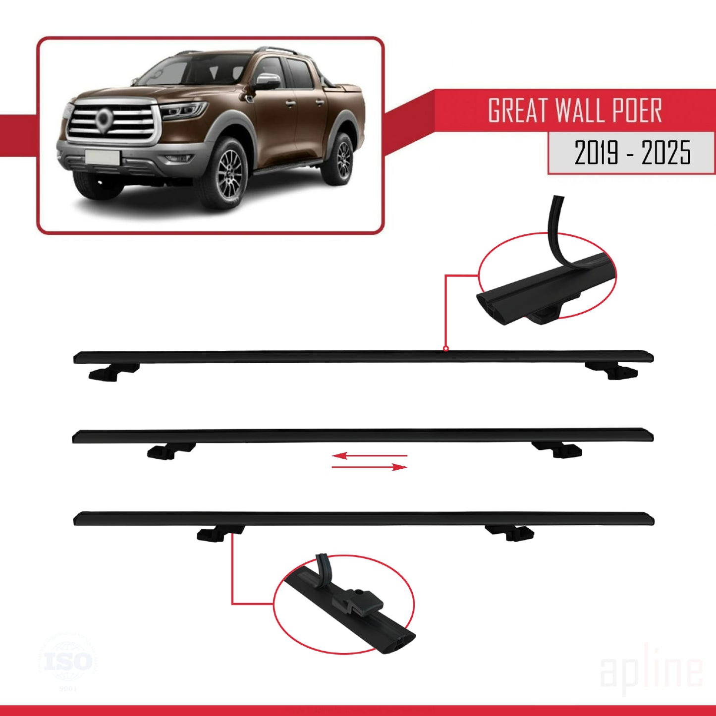 Compatible avec Great Wall Poer 2019-2025 BASIC Model Barres de Toit Railing Porte-Bagages de Voiture Noir Aluminium 3 Barres