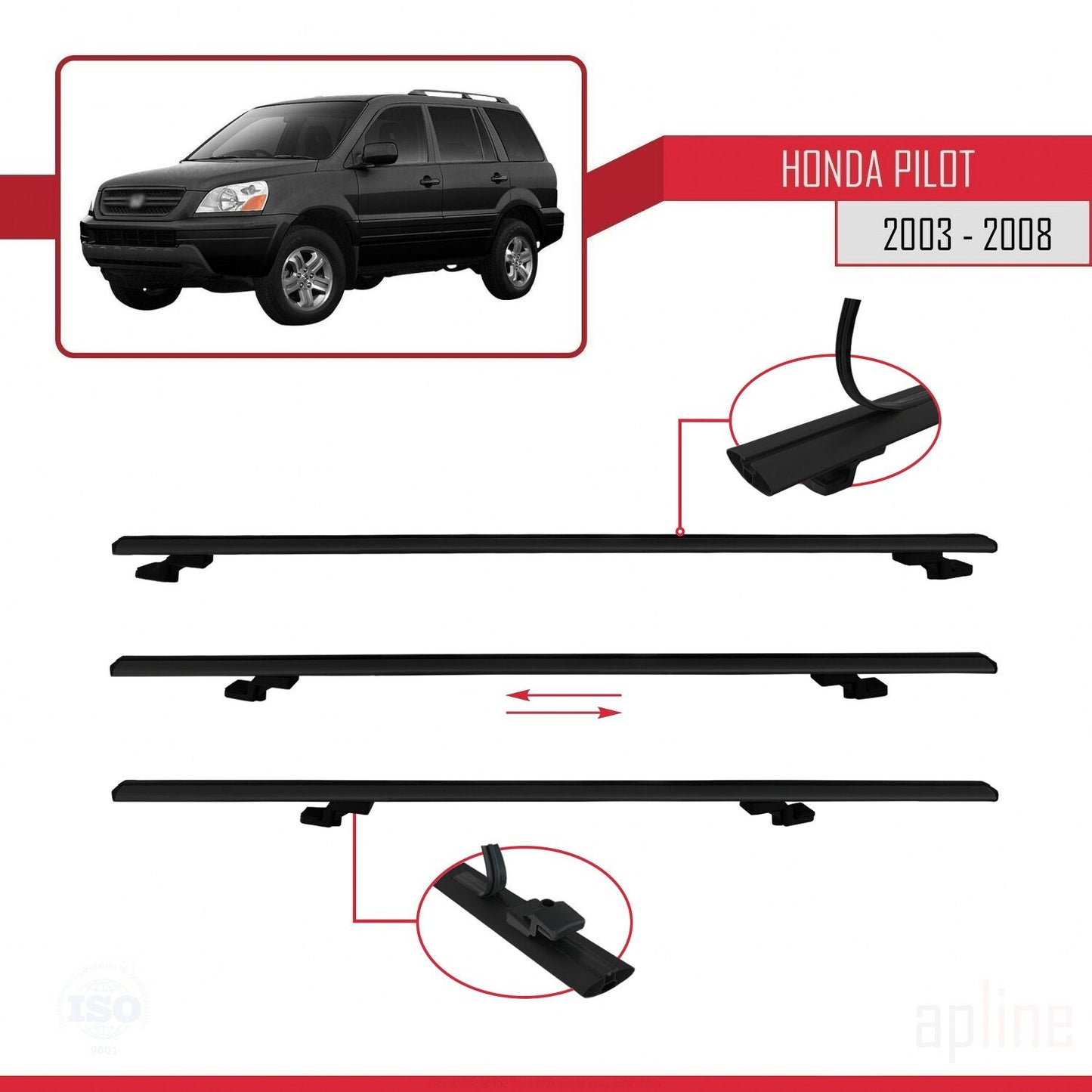 Compatible avec Honda Pilot 2003-2008 BASIC Model Barres de Toit Railing Porte-Bagages de Voiture Noir Aluminium 3 Barres