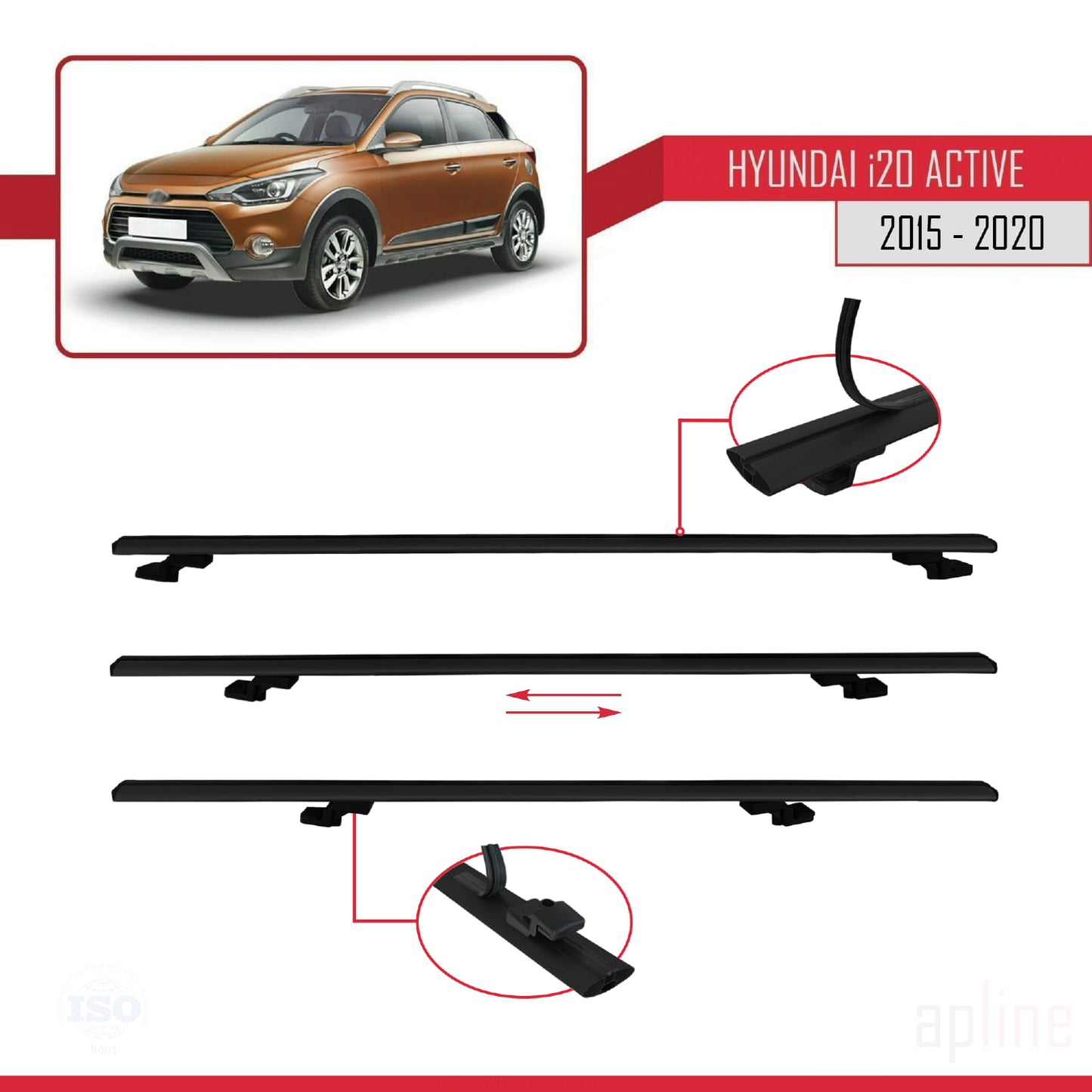 Compatible avec Hyundai i20 II Active 2015-2019 BASIC Model Barres de Toit Railing Porte-Bagages de Voiture Noir Aluminium 3 Barres