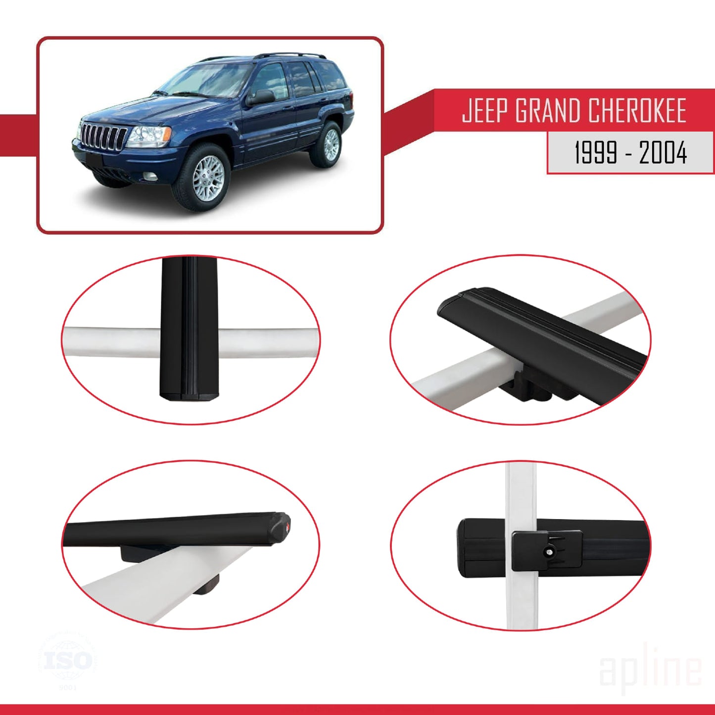 Compatible avec Jeep Grand Cherokee 2 (WJ) 1999-2004 BASIC Model Barres de Toit Railing Porte-Bagages de Voiture Noir Aluminium 3 Barres