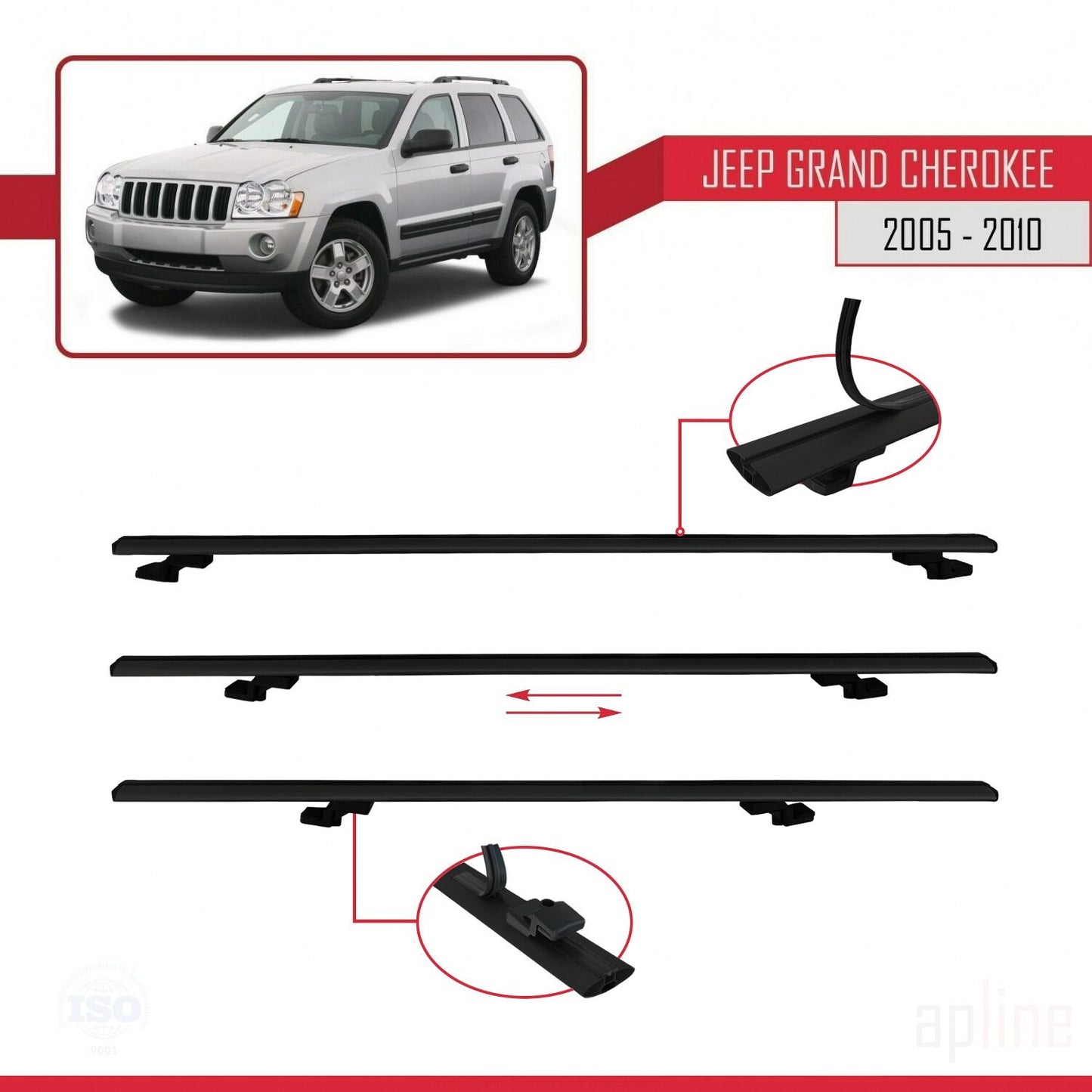 Compatible avec Jeep Grand Cherokee 3 (WK) 2005-2010 BASIC Model Barres de Toit Railing Porte-Bagages de Voiture Noir Aluminium 3 Barres