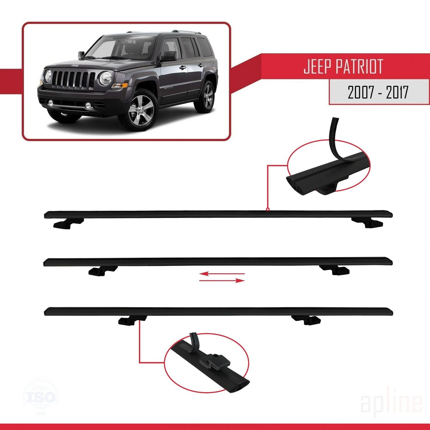 Compatible avec Jeep Patriot 2007-2017 BASIC Model Barres de Toit Railing Porte-Bagages de Voiture Noir Aluminium 2 Barres