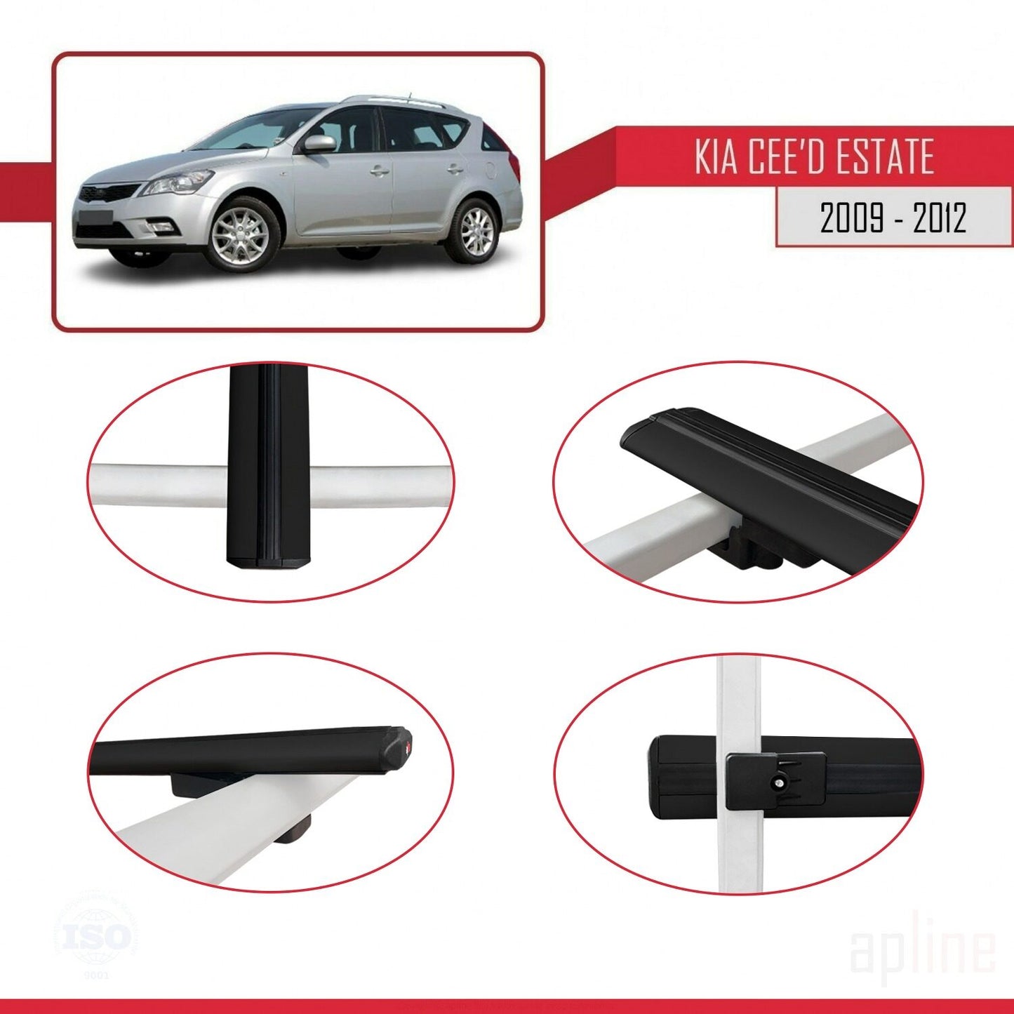 Compatible with Kia Ceed (ED) SW Post-Facelift 2009-2012 BASIC Model Car Roof Rack Cross Bar Black Aluminium 2 Bars