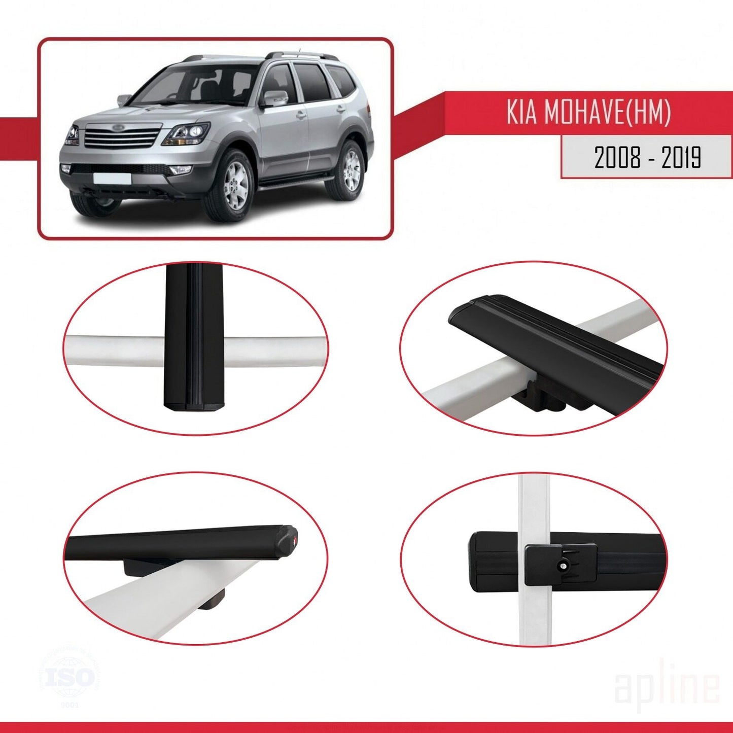Compatible with Kia Mohave (HM) 2008-2019 BASIC Model Car Roof Rack Cross Bar Black Aluminium 3 Bars