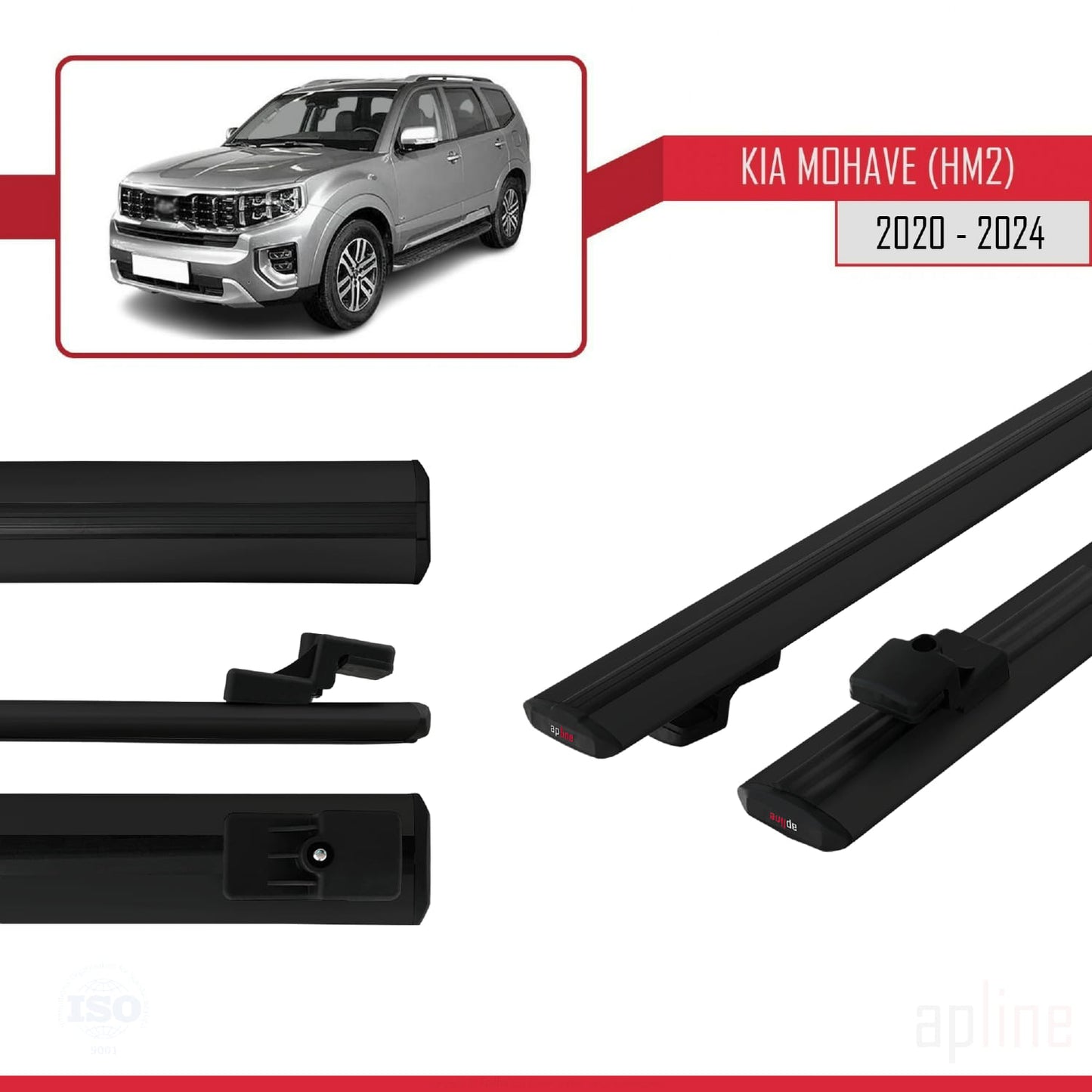 Compatible avec Kia Mohave 2 (HM2) 2020-2024 BASIC Model Barres de Toit Railing Porte-Bagages de Voiture Noir Aluminium 2 Barres