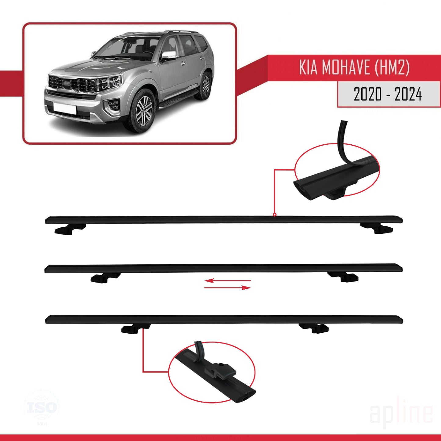 Compatible avec Kia Mohave 2 (HM2) 2020-2024 BASIC Model Barres de Toit Railing Porte-Bagages de Voiture Noir Aluminium 2 Barres