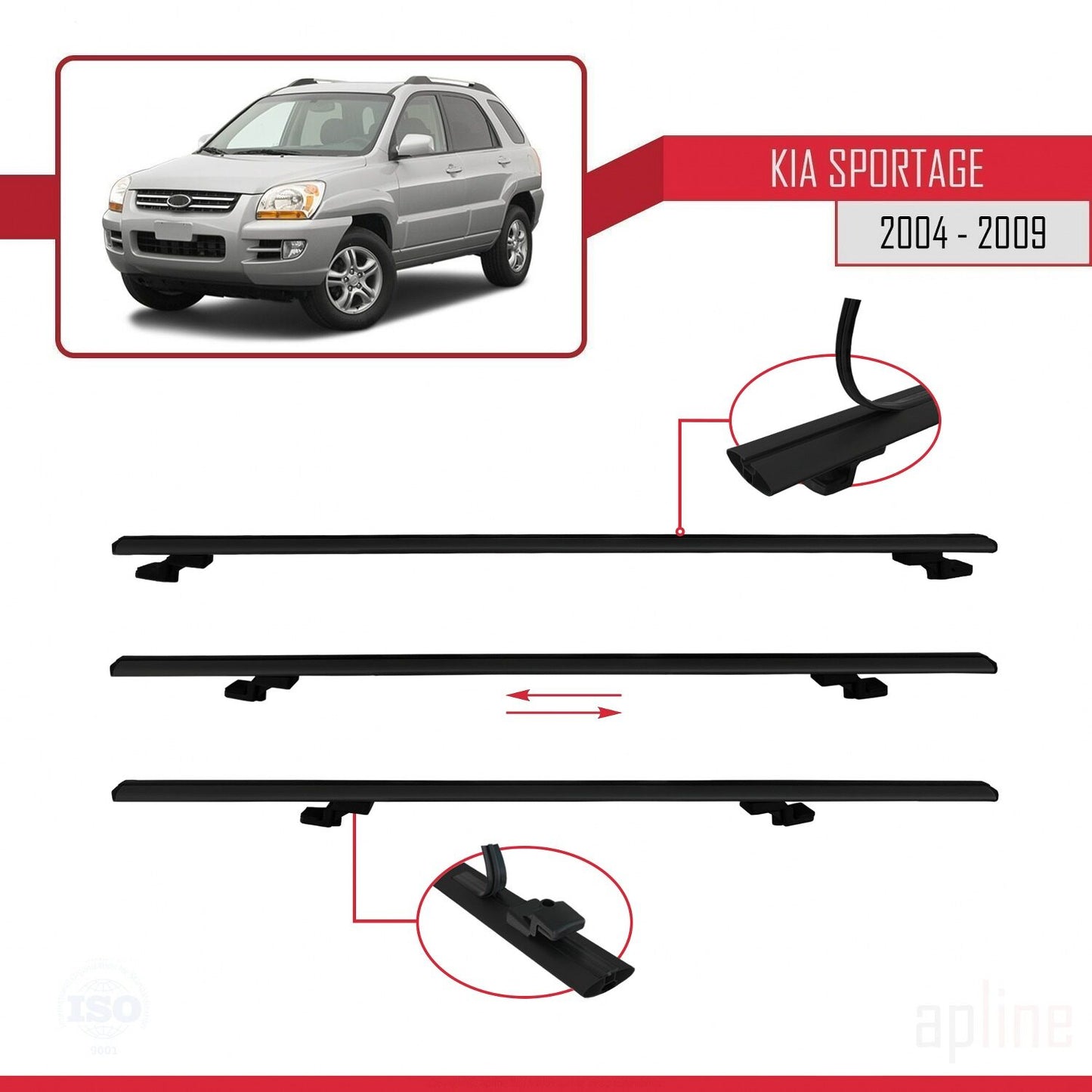 Compatible avec Kia Sportage 2 (JE) 2004-2009 BASIC Model Barres de Toit Railing Porte-Bagages de Voiture Noir Aluminium 2 Barres