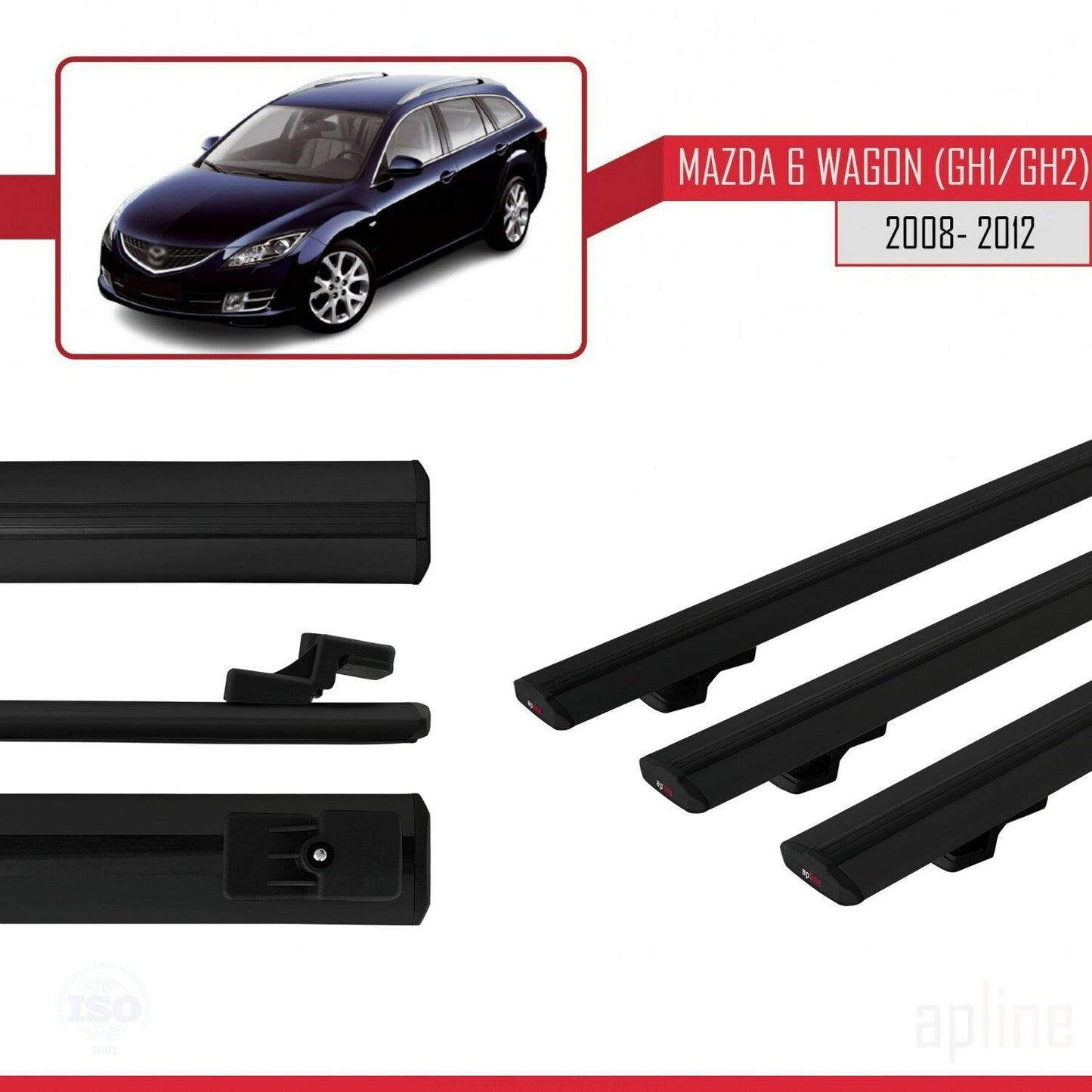 Compatible avec Mazda 6 II (GZ) Wagon 2008-2012 BASIC Model Barres de Toit Railing Porte-Bagages de Voiture Noir Aluminium 3 Barres