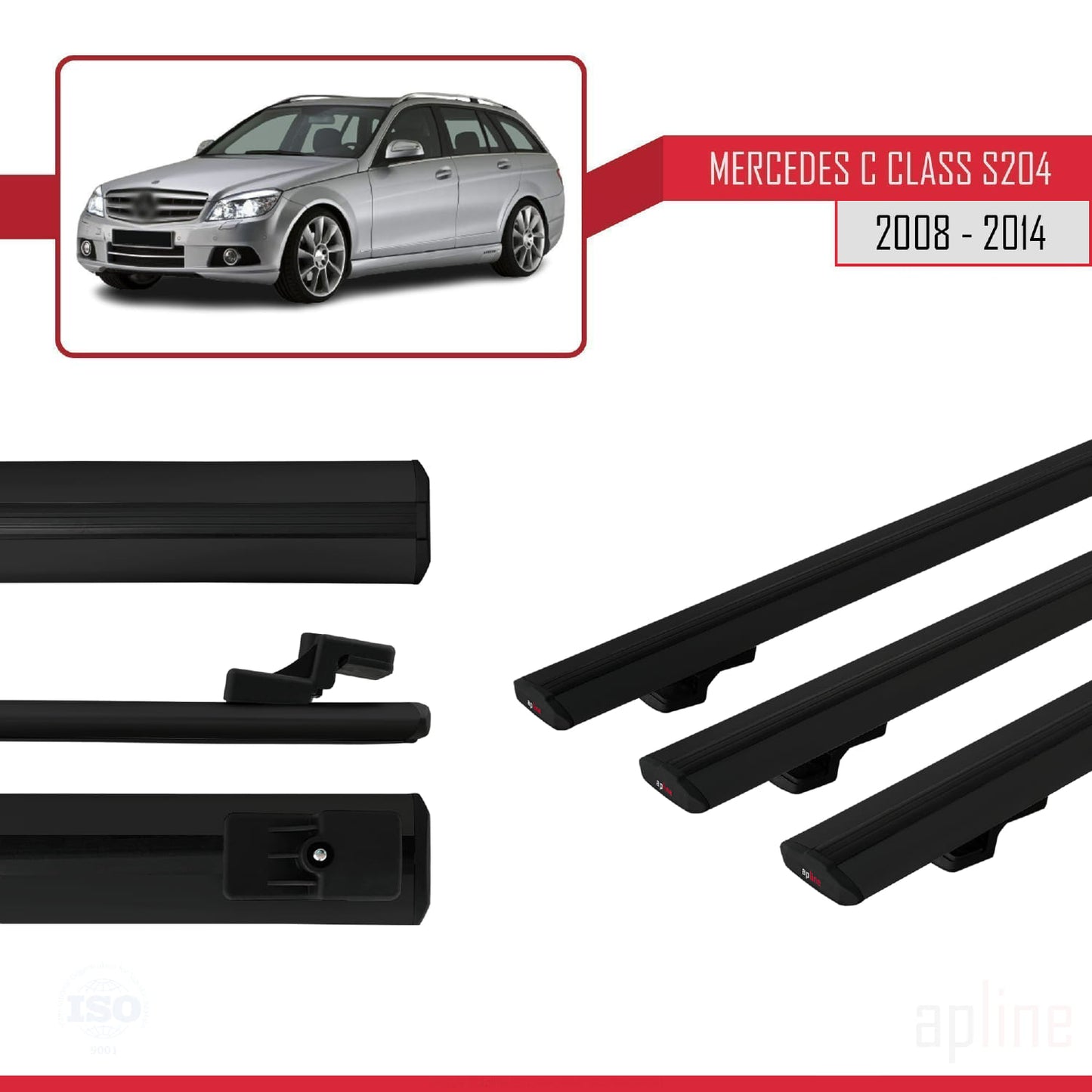Compatible with Mercedes C Class 3 (S204) 2008-2014 BASIC Model Car Roof Rack Cross Bar Black Aluminium 3 Bars