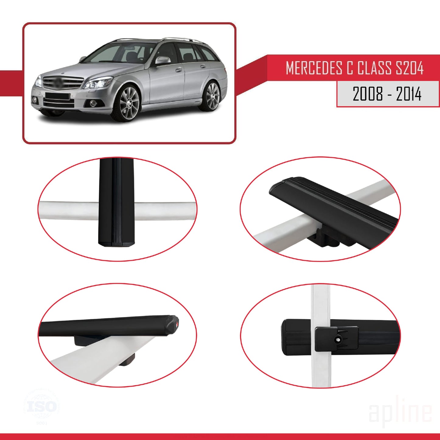 Compatible with Mercedes C Class 3 (S204) 2008-2014 BASIC Model Car Roof Rack Cross Bar Black Aluminium 3 Bars