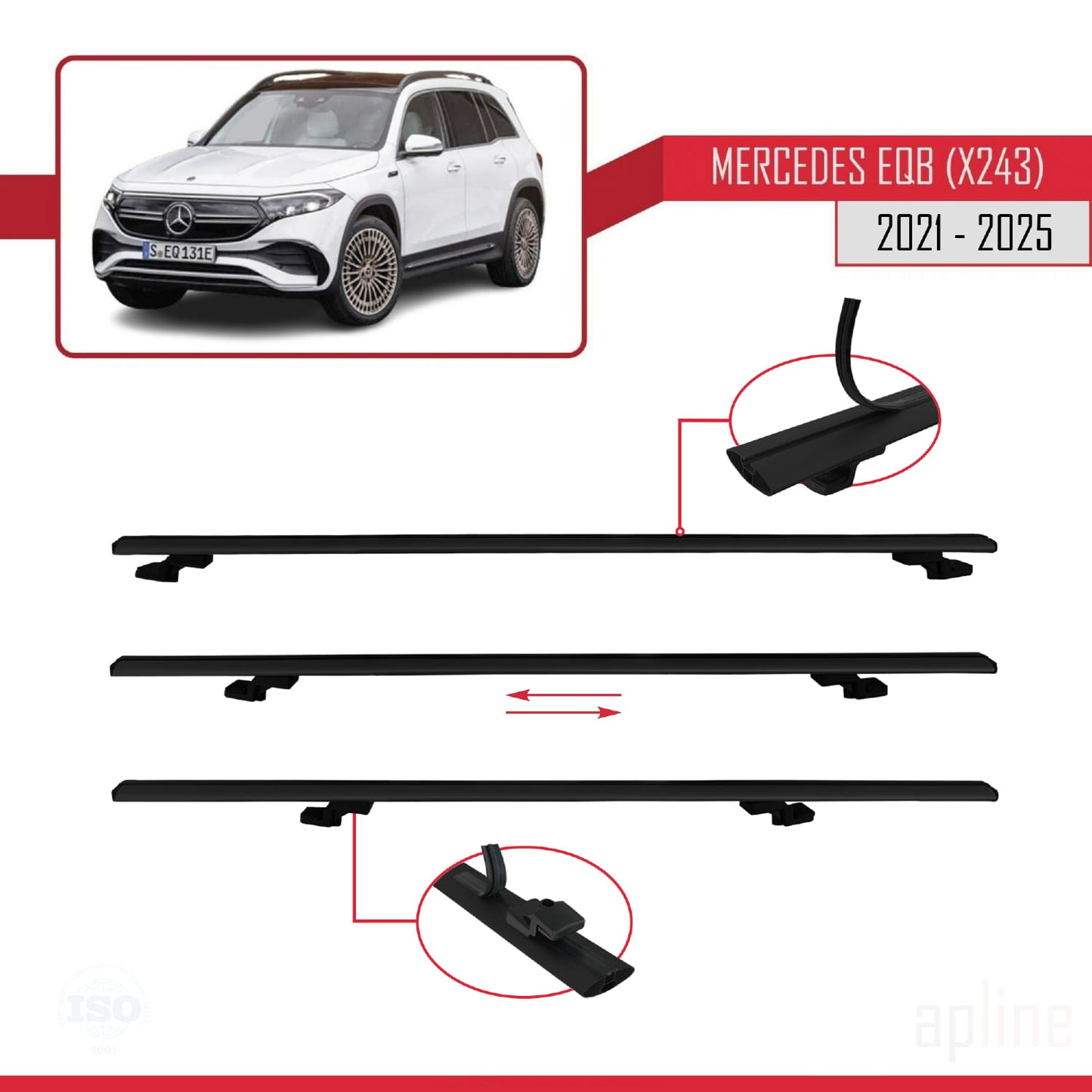 Compatible avec Mercedes EQB (X243) 2021-2025 BASIC Model Barres de Toit Railing Porte-Bagages de Voiture Noir Aluminium 3 Barres