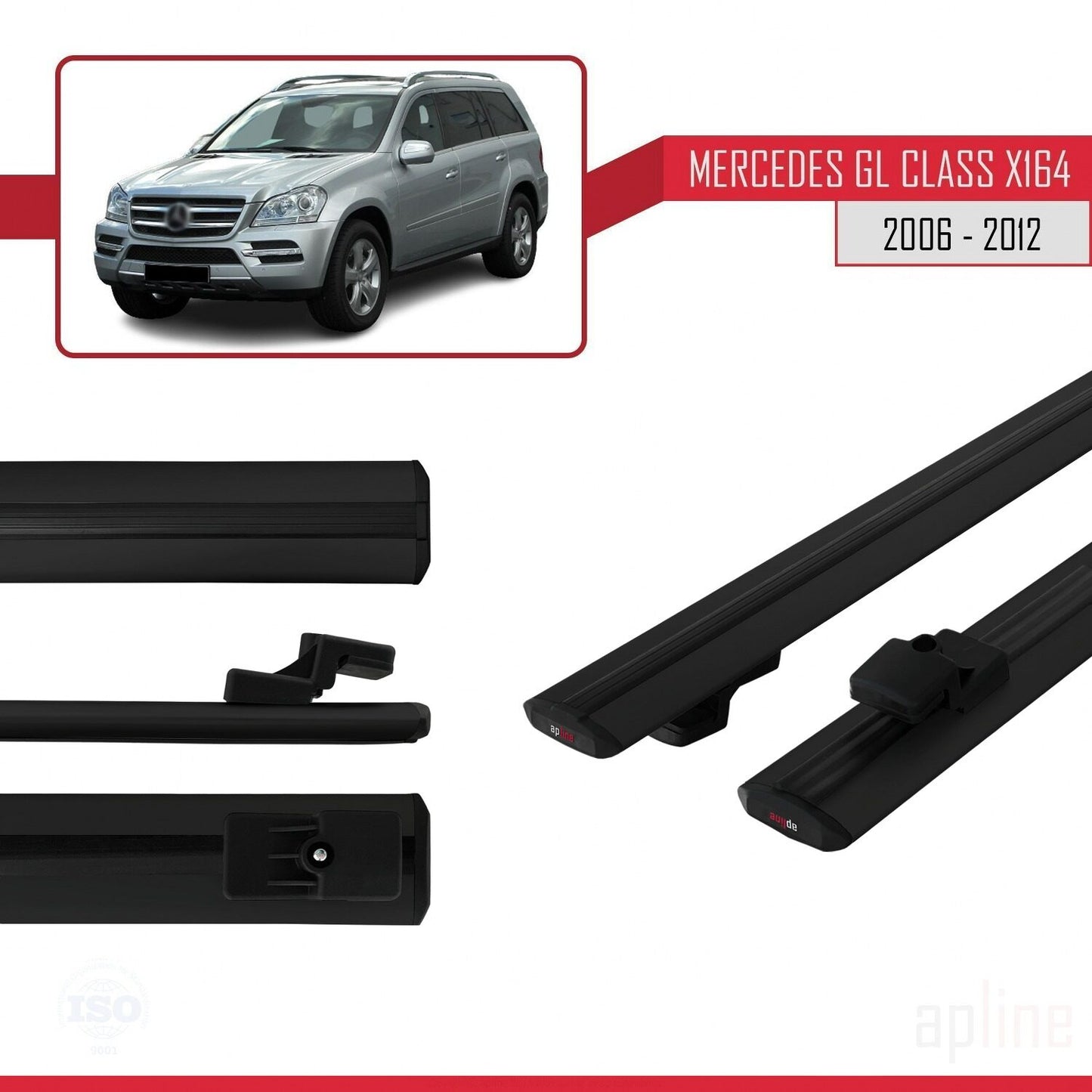 Compatible with Mercedes GL Class (X164) 2006-2012 BASIC Model Car Roof Rack Cross Bar Black Aluminium 2 Bars