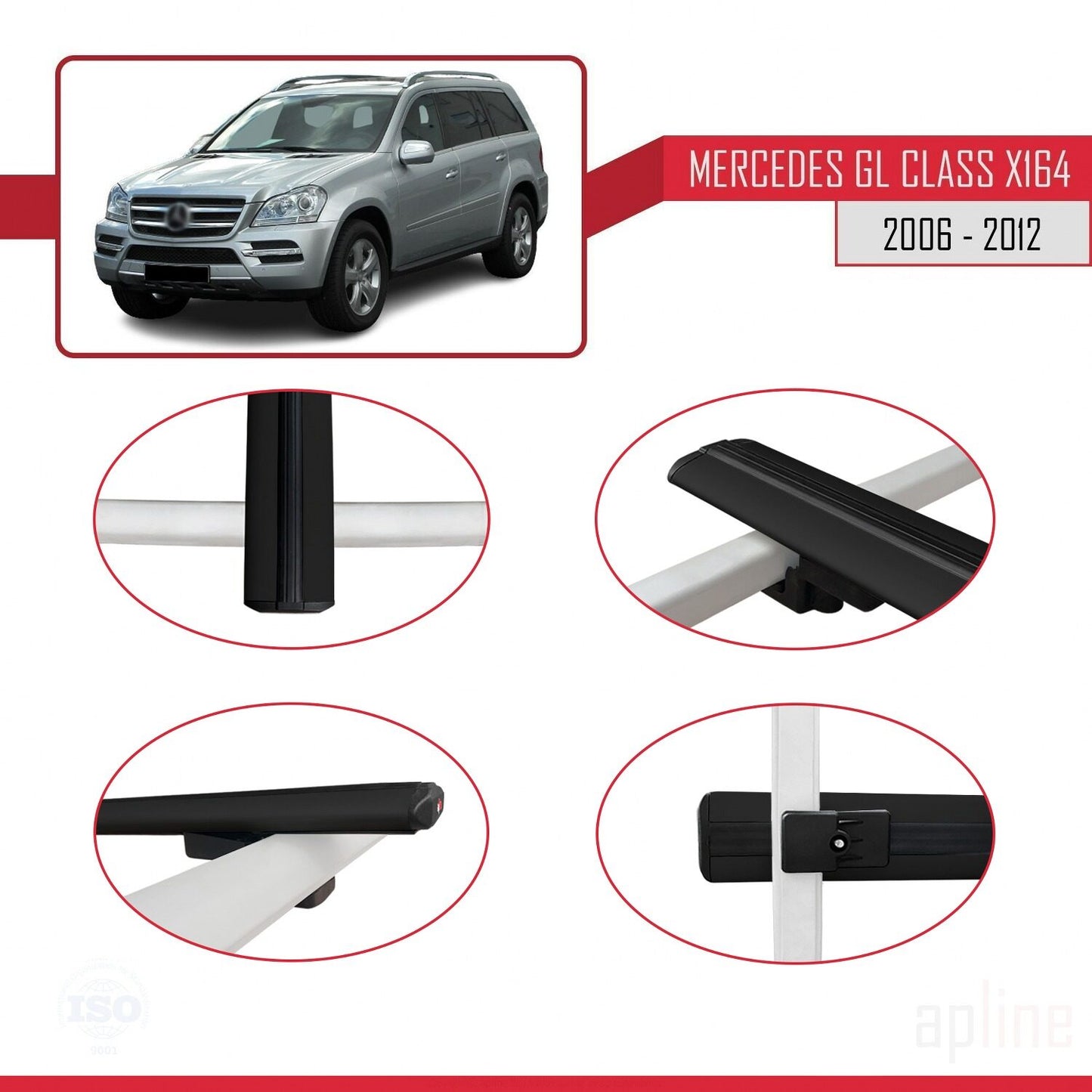 Compatible with Mercedes GL Class (X164) 2006-2012 BASIC Model Car Roof Rack Cross Bar Black Aluminium 2 Bars
