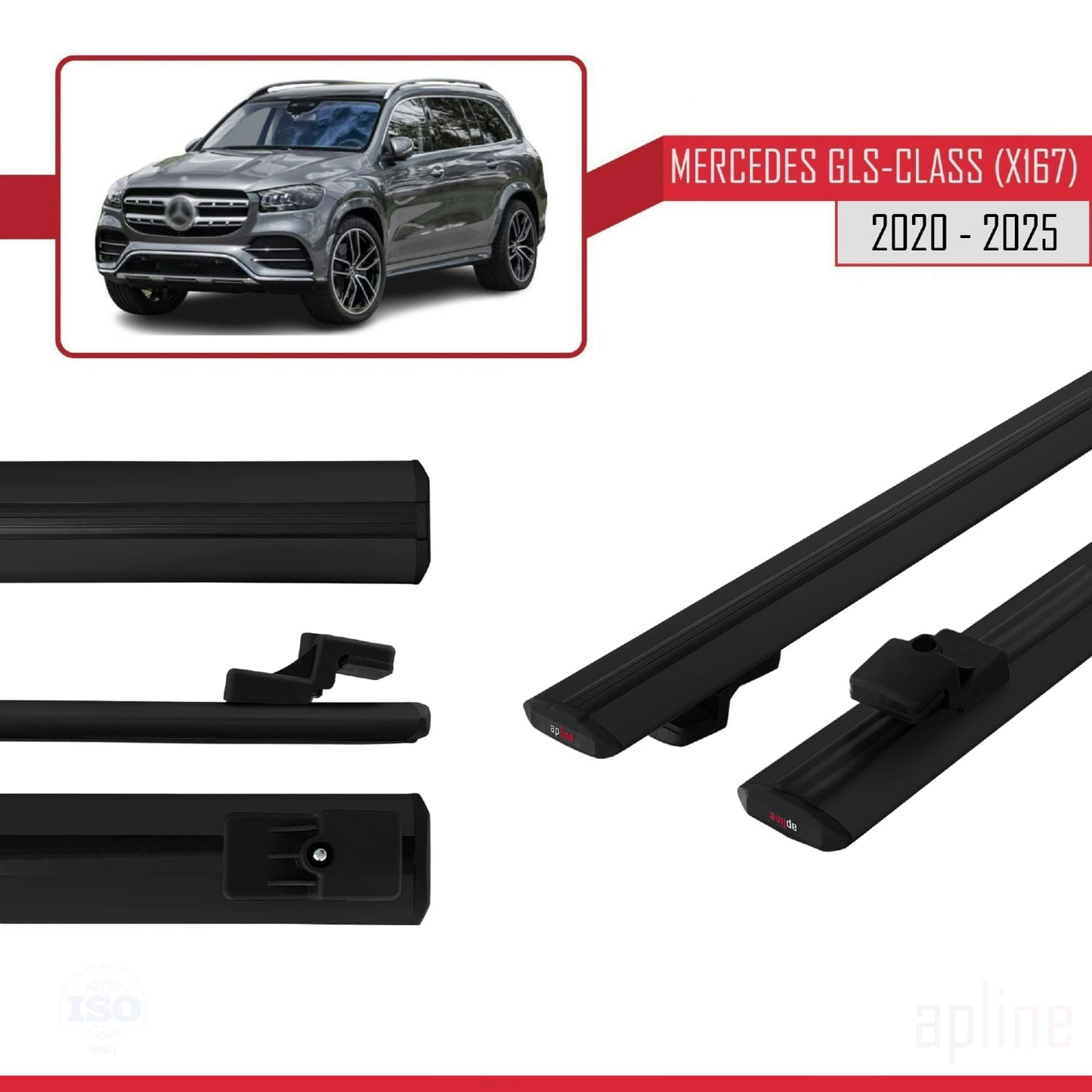 Compatible avec Mercedes Classe GLS (X167) 2020-2025 BASIC Model Barres de Toit Railing Porte-Bagages de Voiture Noir Aluminium 2 Barres