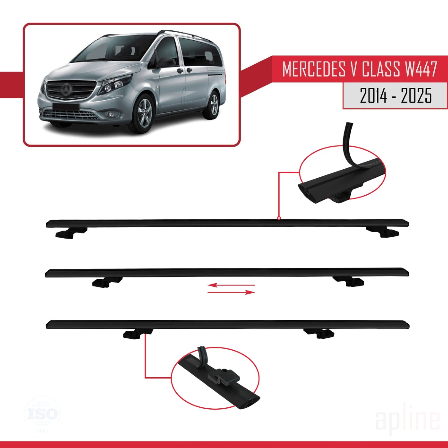Compatible avec Mercedes Classe V 3 (W447) 2014-2025 BASIC Model Barres de Toit Railing Porte-Bagages de Voiture Noir Aluminium 3 Barres