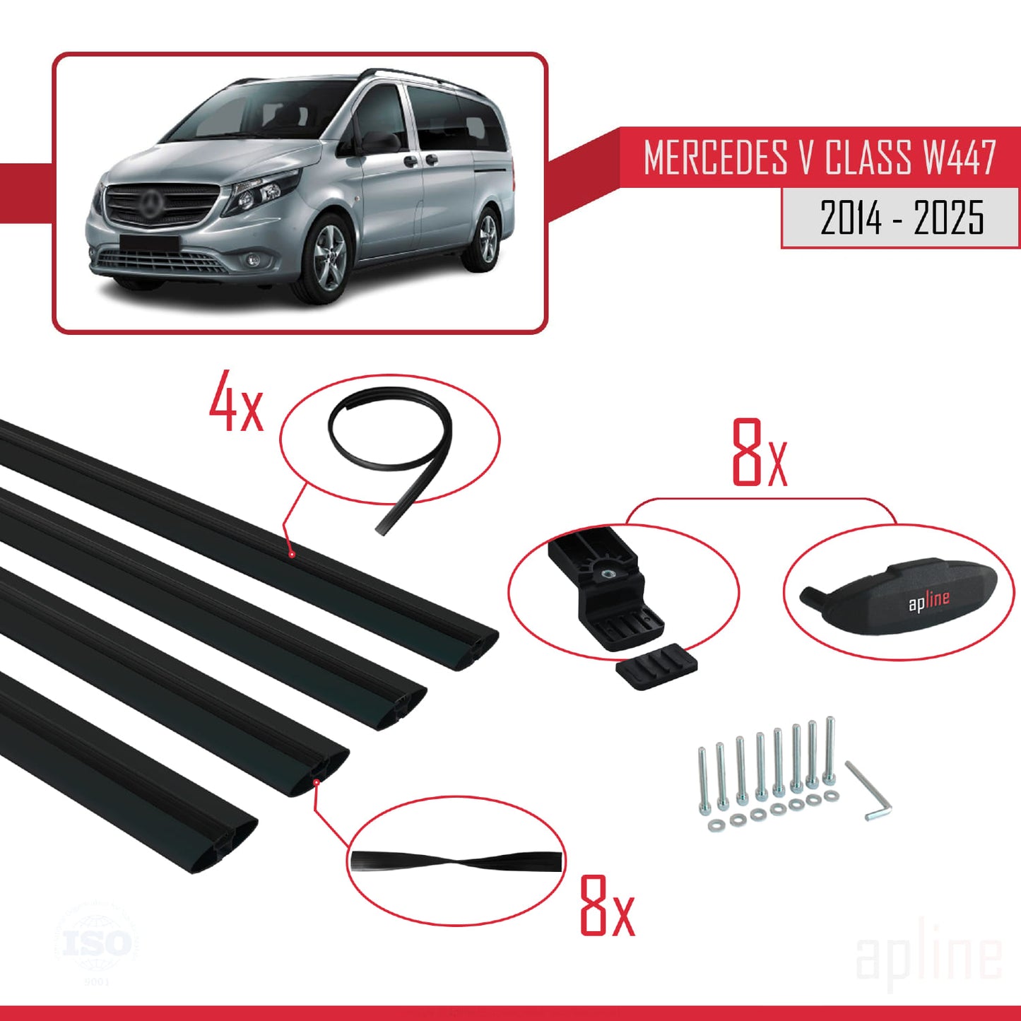 Compatible avec Mercedes Classe V 3 (W447) 2014-2025 BASIC Model Barres de Toit Railing Porte-Bagages de Voiture Noir Aluminium 4 Barres