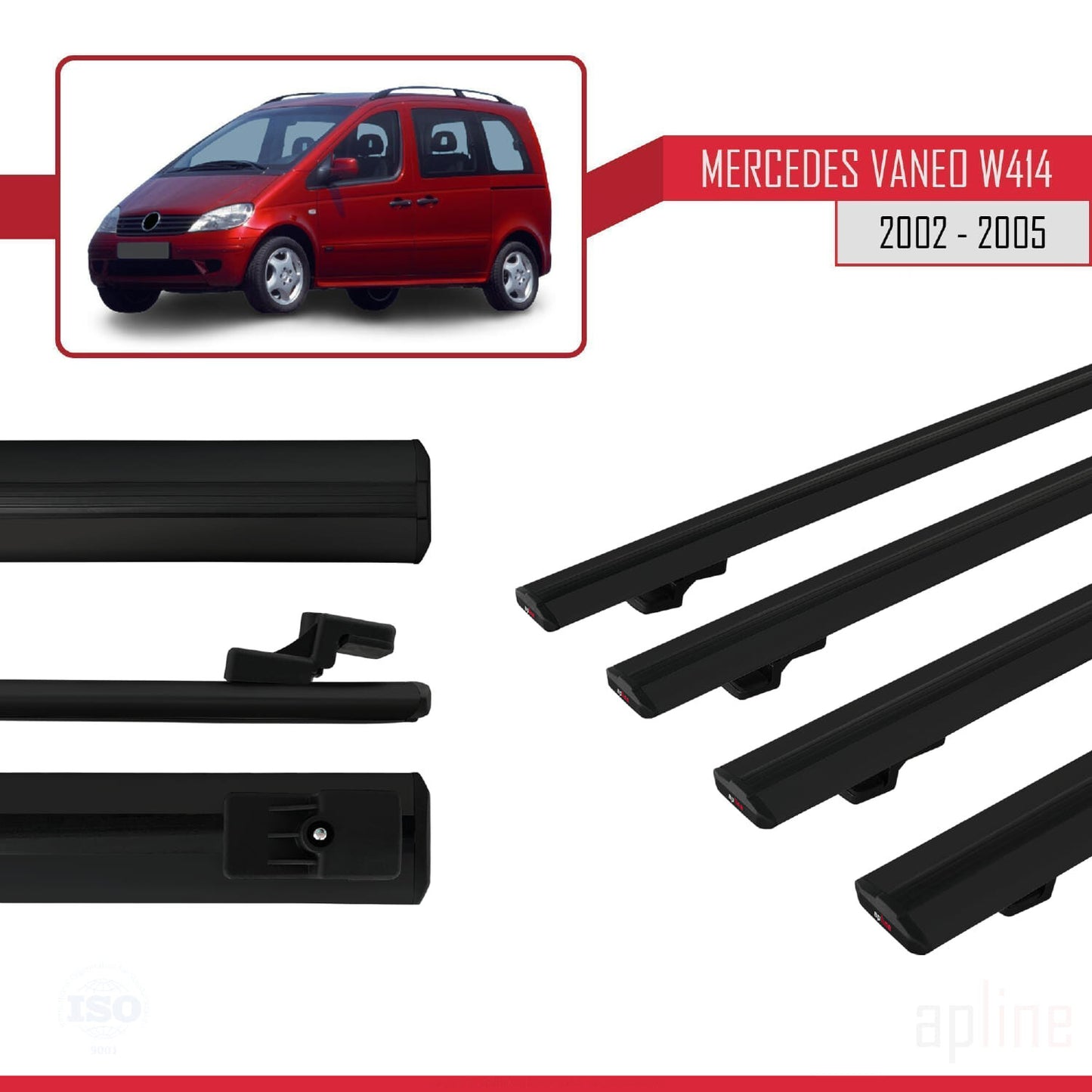 Compatible avec Mercedes Vaneo (W414) 2002-2005 BASIC Model Barres de Toit Railing Porte-Bagages de Voiture Noir Aluminium 4 Barres