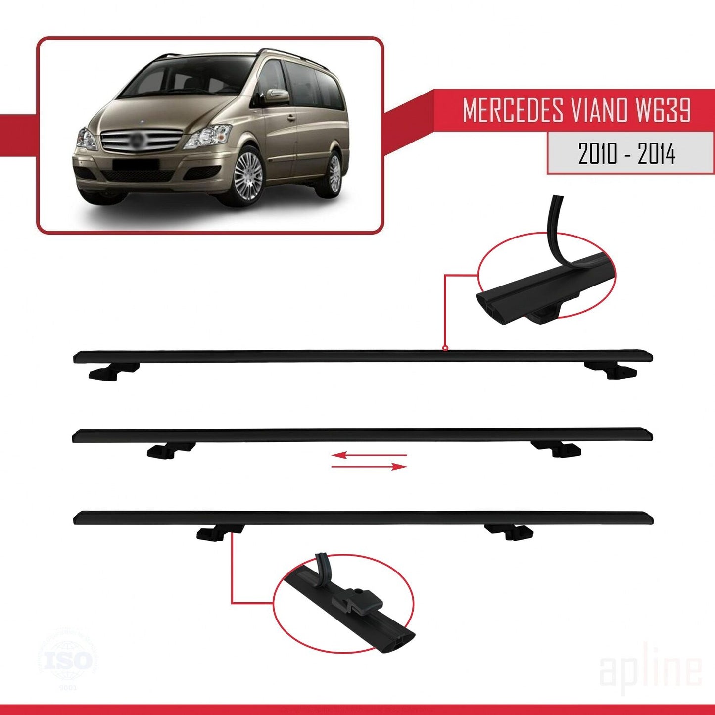 Compatible with Mercedes Viano 2 (W639) Post-Facelift 2010-2014 BASIC Model Car Roof Rack Cross Bar Black Aluminium 2 Bars