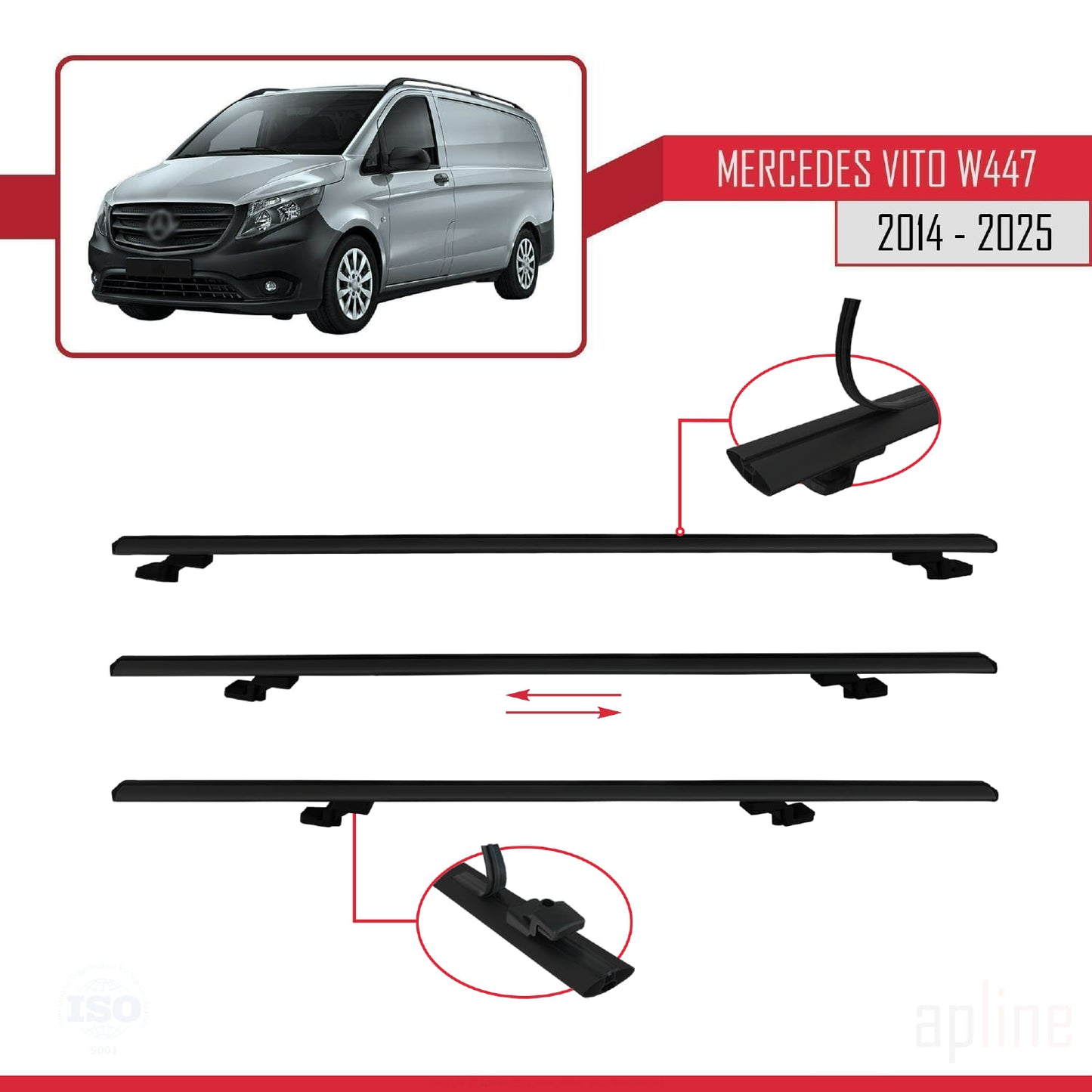 Compatible avec Mercedes Vito 3 (W447) 2014-2025 BASIC Model Barres de Toit Railing Porte-Bagages de Voiture Noir Aluminium 3 Barres