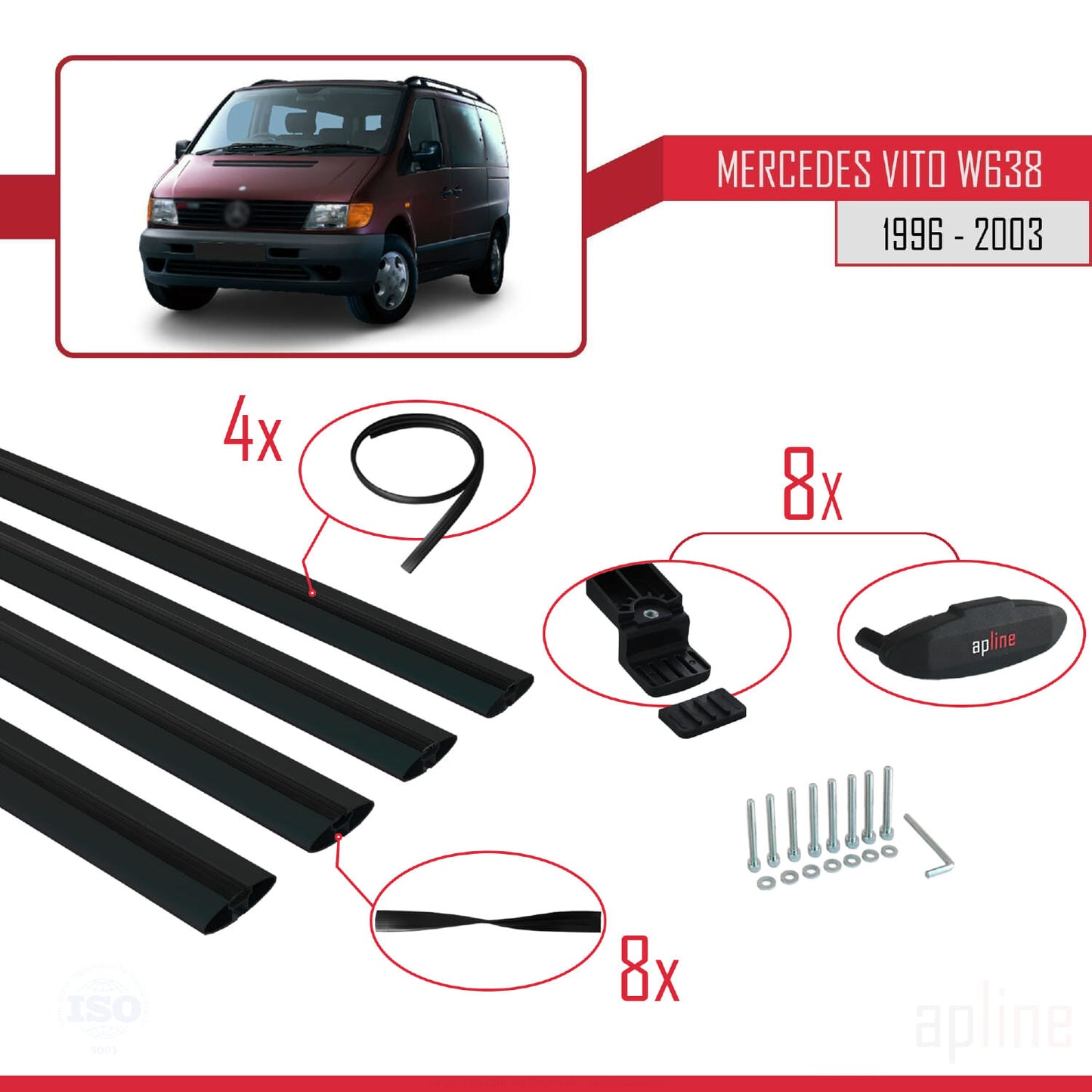 Compatible avec Mercedes Vito (W638) 1996-2003 BASIC Model Barres de Toit Railing Porte-Bagages de Voiture Noir Aluminium 4 Barres