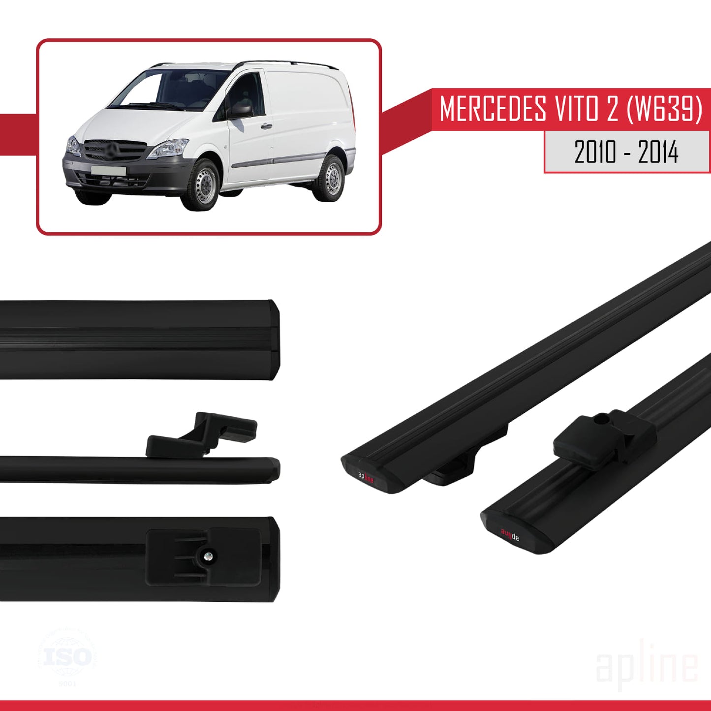 Compatible with Mercedes Vito 2 (W639) Post-Facelift 2010-2014 BASIC Model Car Roof Rack Cross Bar Black Aluminium 2 Bars