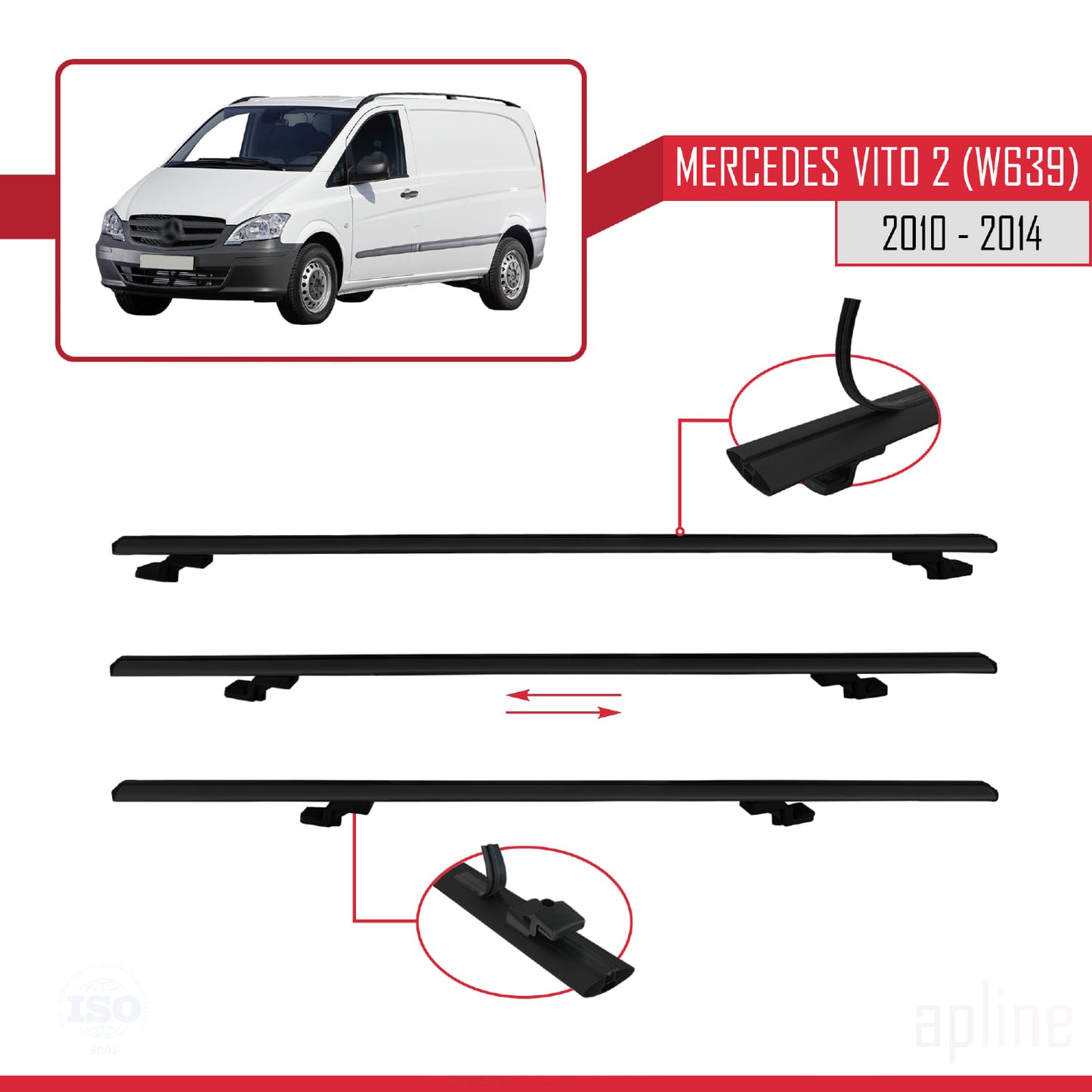 Compatible with Mercedes Vito 2 (W639) Post-Facelift 2010-2014 BASIC Model Car Roof Rack Cross Bar Black Aluminium 2 Bars